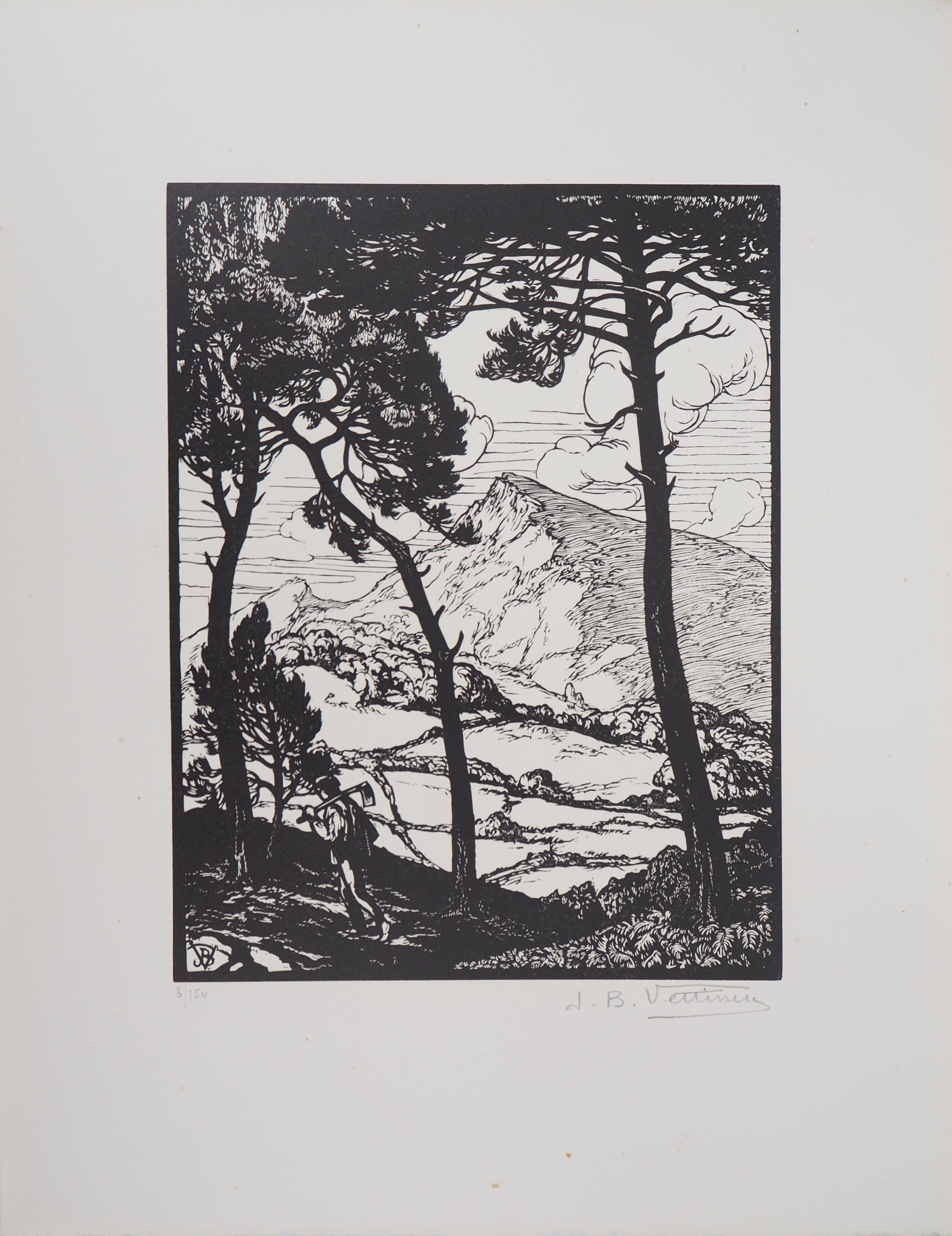 Travailleur dans un paysage de pins - Gravure originale, signée de la main de l'artiste - Print de Jean Baptiste Vettiner
