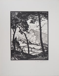Lavoratore in un paesaggio con pini - Incisione originale su legno, firmata a mano