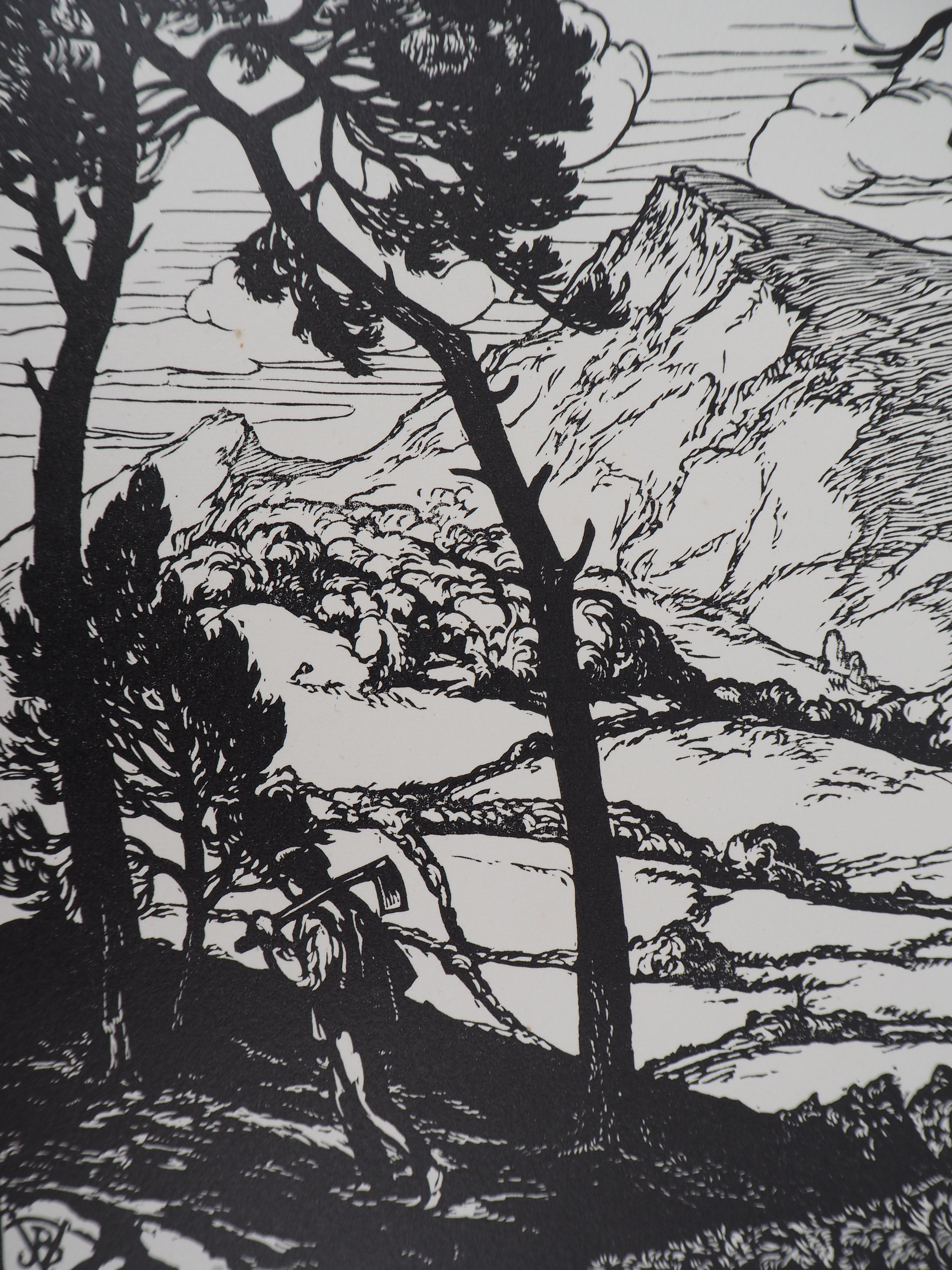 Travailleur dans un paysage de pins - Gravure originale, signée de la main de l'artiste - Art déco Print par Jean Baptiste Vettiner