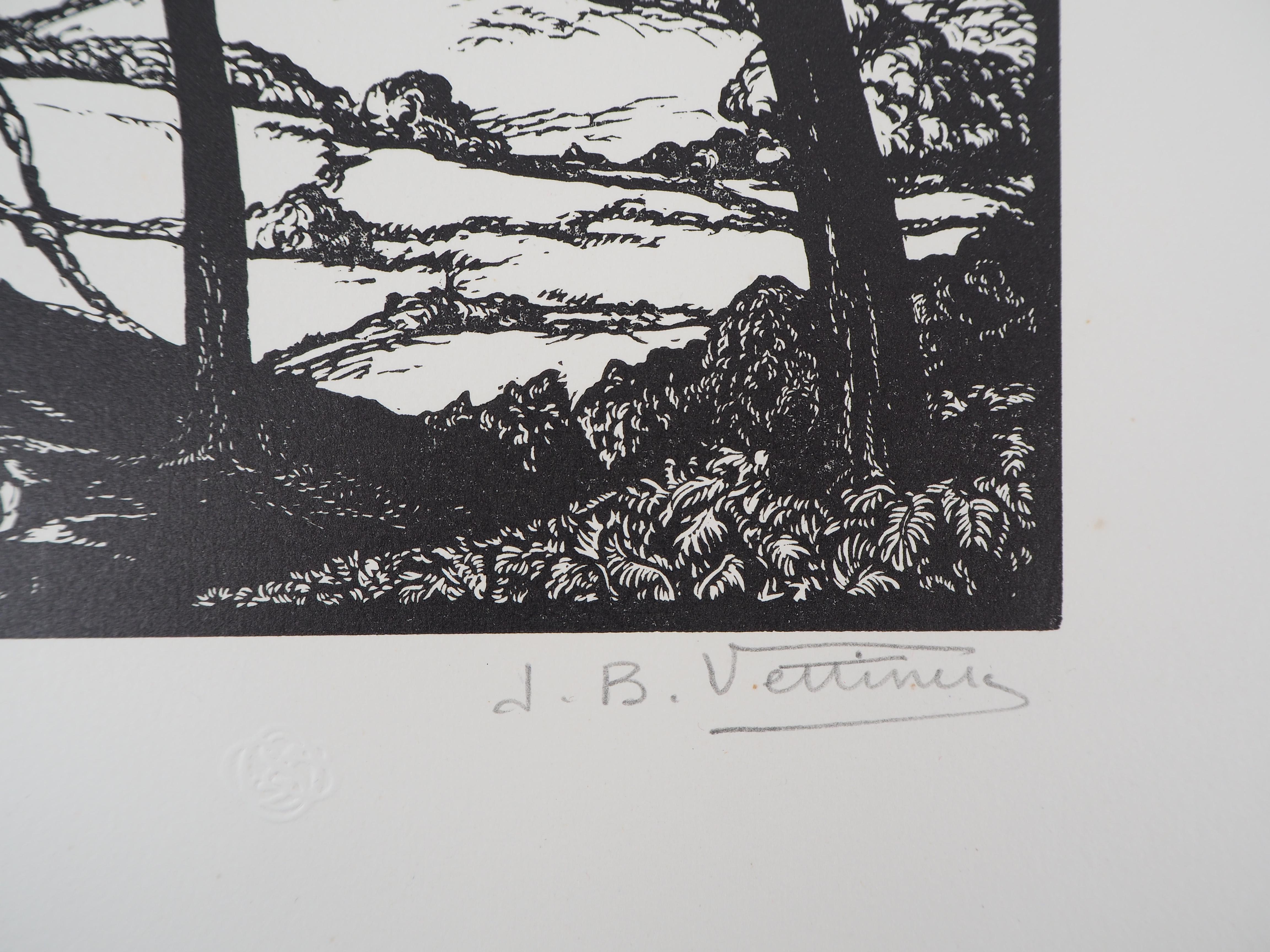 Jean Baptiste VETTINER (1871-1935)
Travailleur dans un paysage avec des pins, 1922

Gravure sur bois originale
Signé à la main au crayon
Numéroté /160
Sur vélin 32.5 x 25.5 cm (c. 13 x 10 in)
Porte le cachet aveugle de l'éditeur 'Imagier de la