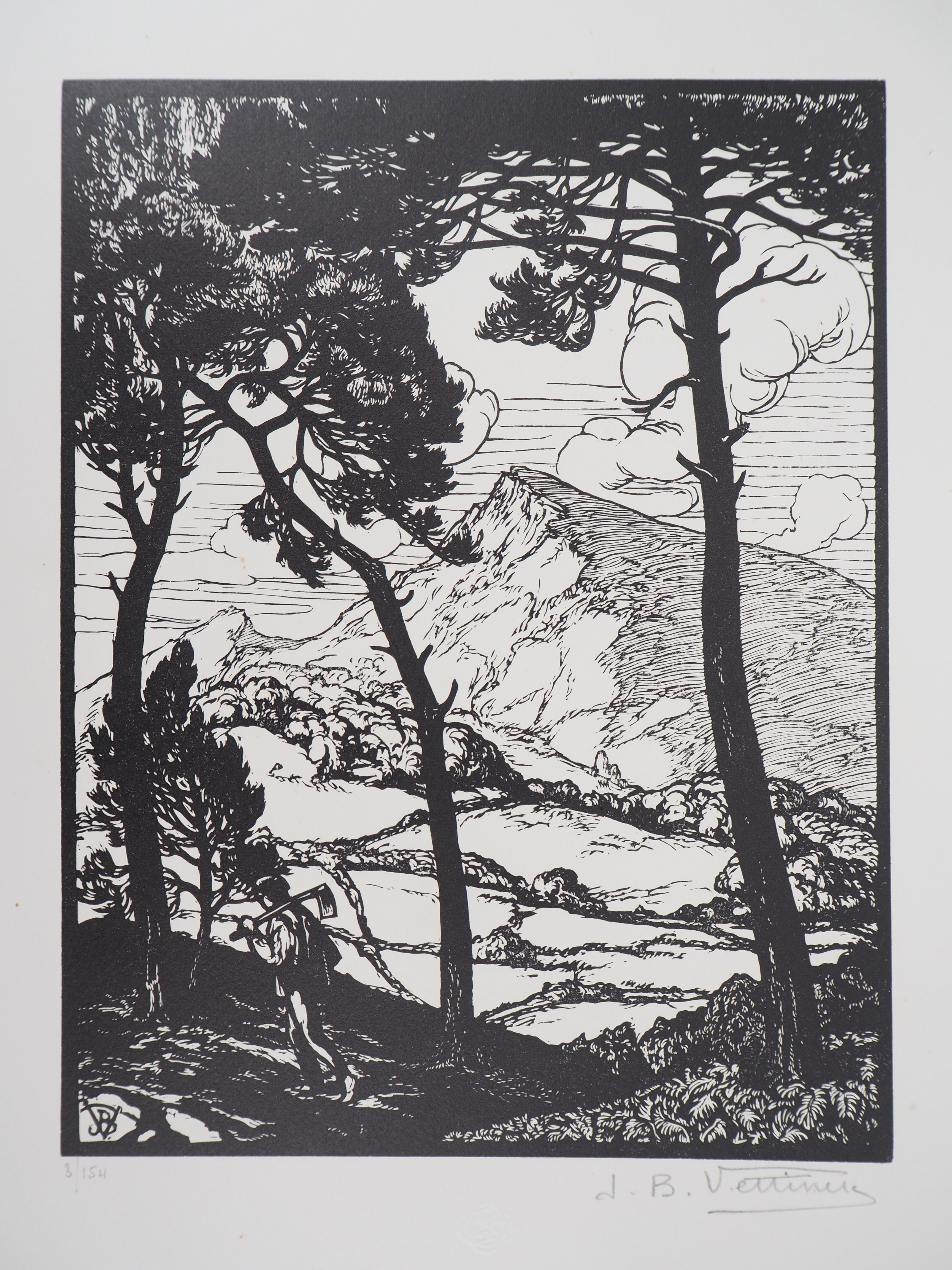 Landscape Print Jean Baptiste Vettiner - Travailleur dans un paysage de pins - Gravure originale, signée de la main de l'artiste