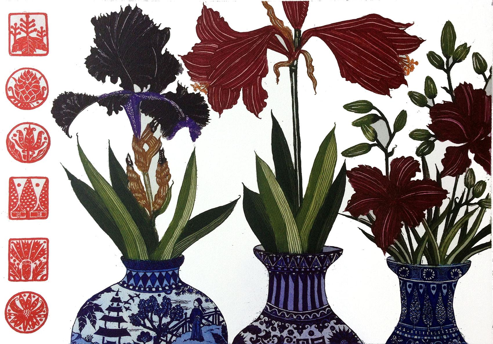 Jean Bardon Still-Life Print - Iris, Amaryllis, Lilies