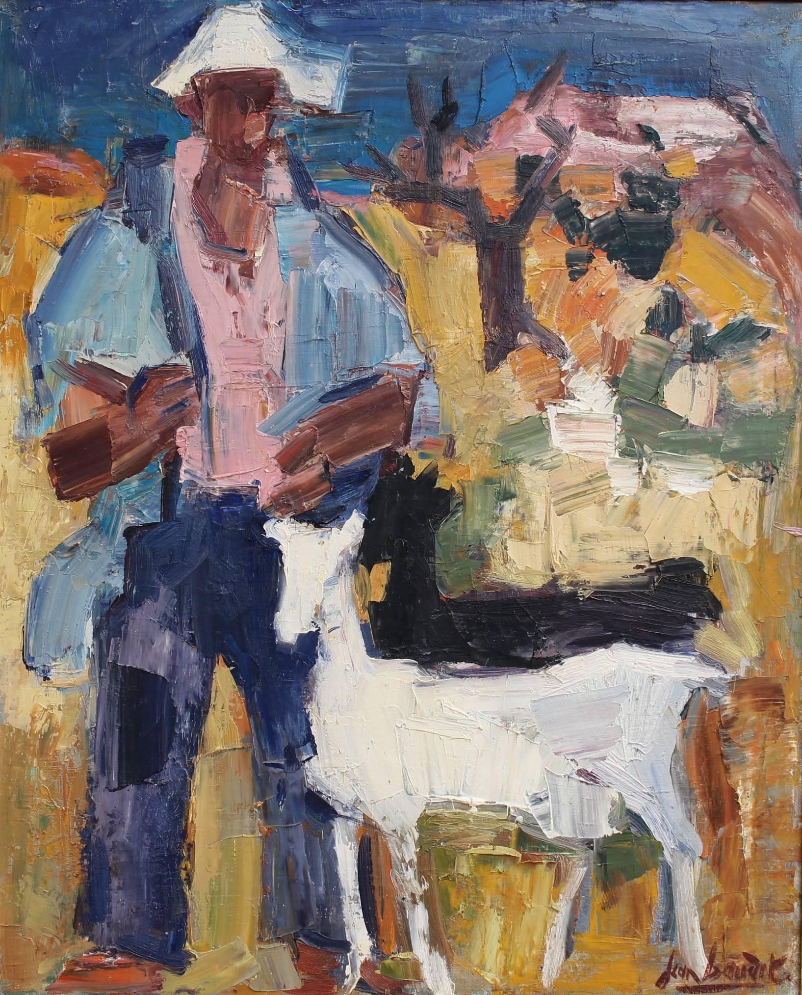 'The Spanish Shepherd' (Le Berger Espagnol), oil on canvas (1966), by Jean Baudet (1914 - 1989). A dynamically colourful expressionist work which is beautifully simple and very sophisticated at the same time. The bond between human, animal and earth