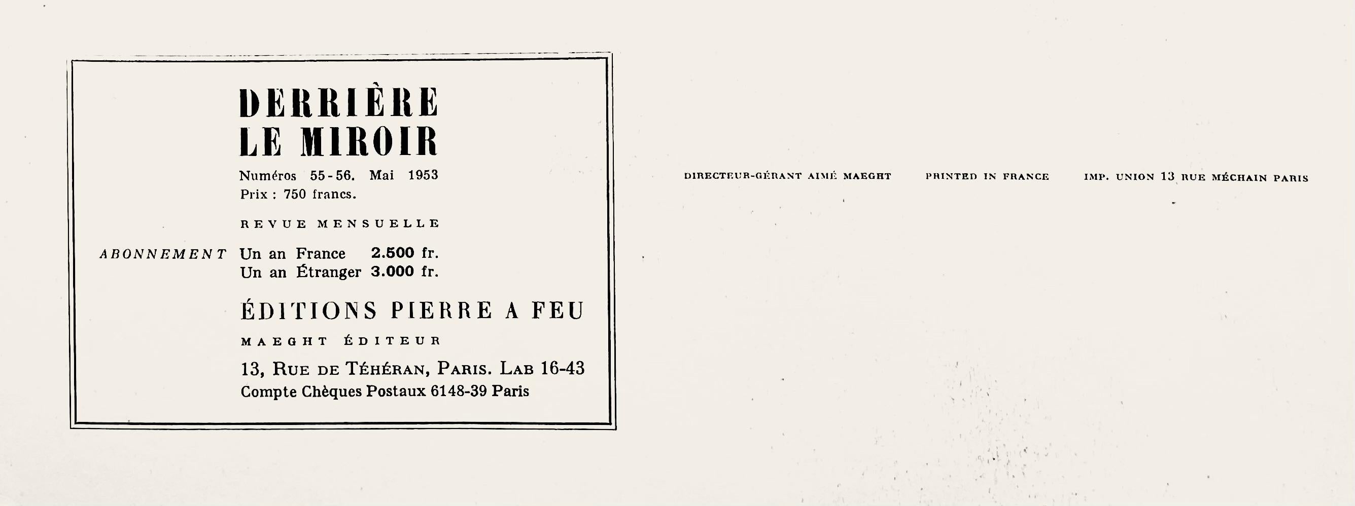 Litografía sobre papel vélin. Tamaño del papel: 15 x 11 pulgadas. Inscripción: Sin firmar y sin numerar, tal como se emitió. Notas: Del folio Derrière le miroir, nº 55-56, 1953. Publicado por Aimé Maeght, Éditeur, París; impreso por Éditions Pierre