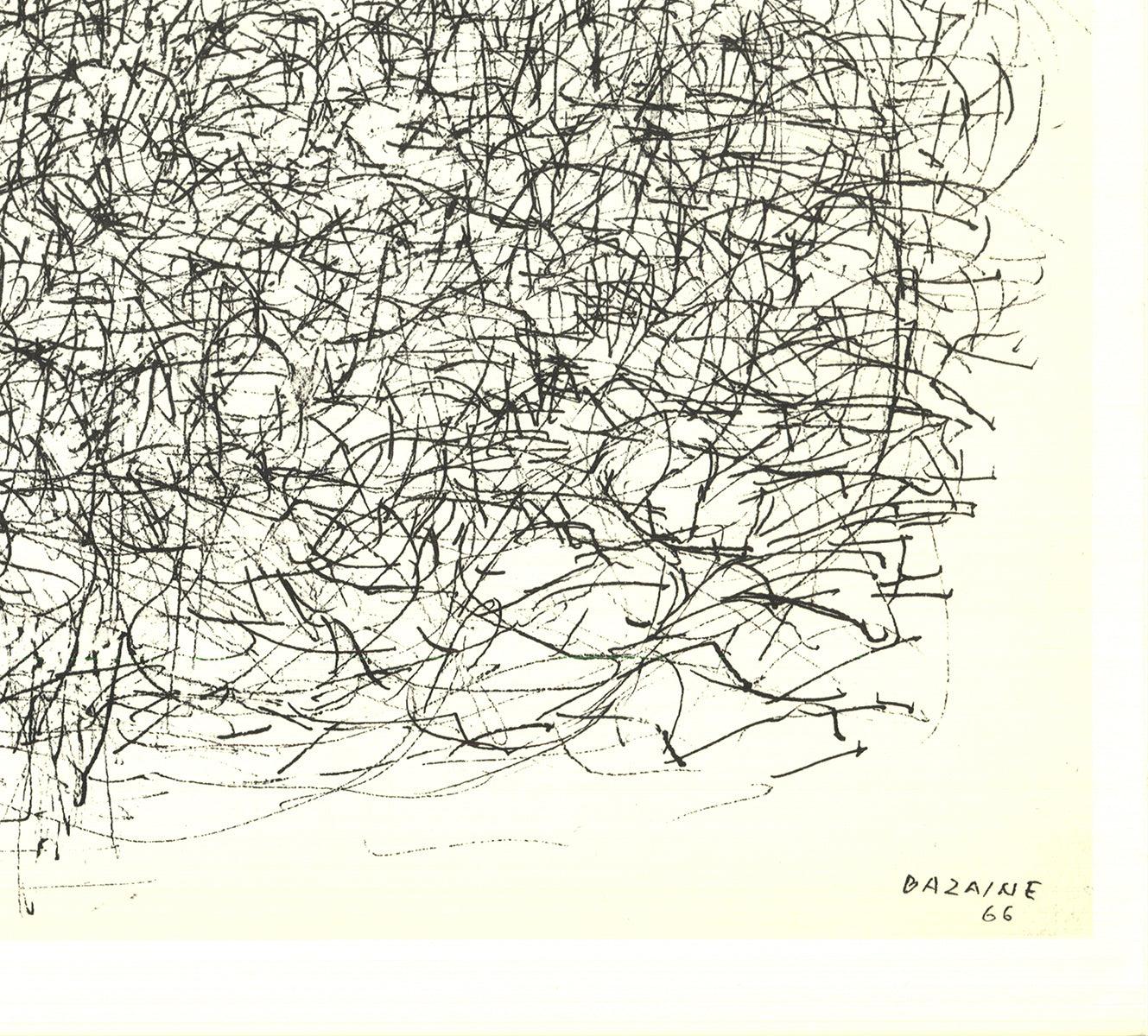 This lithograph page, titled Composition IV, is part of the Derrière le Miroir (DLM) No. 170 series, featuring the work of René Bazaine. Known for his lyrical abstraction, Bazaine’s artwork on this page explores abstract forms and vibrant color