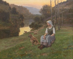 Romantic French Shepherdess 19th Century Landscape Painting by Jean Beauduin