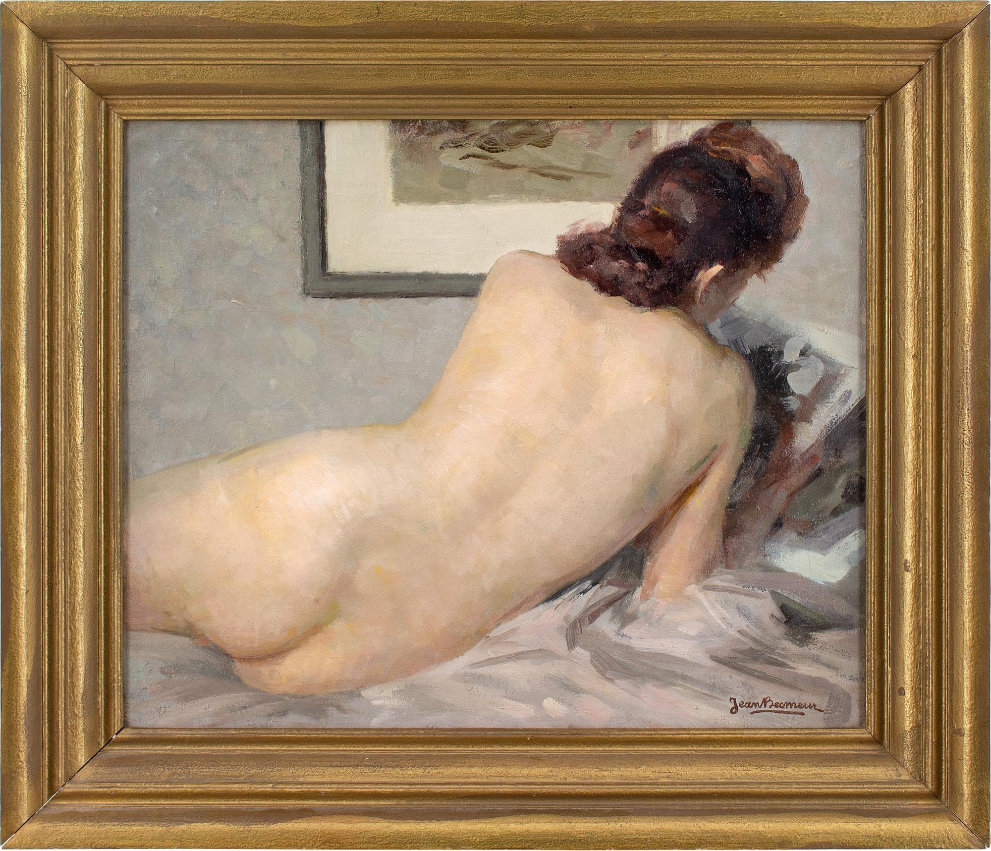 This mid-20th-century oil painting by French artist Jean Becmeur (1890-1952) depicts a female nude relaxing upon a bed while reading.

The sensuous indented form of a curved spine leads the eye downwards as she reads with a laissez-faire attitude.