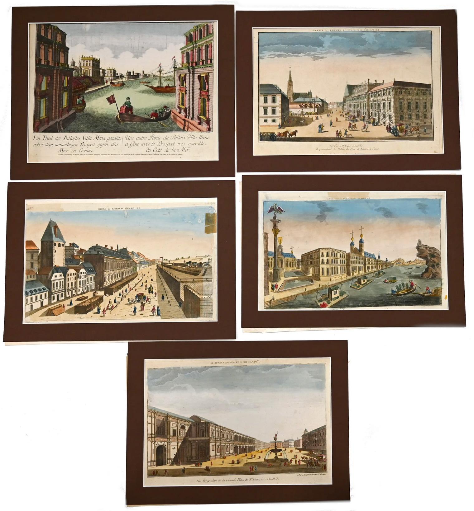 Cinco (5) vistas de ciudades, escuela francesa del siglo XVII de Winckler y otros - Figurative Print Beige de Jean Benoit Winckler
