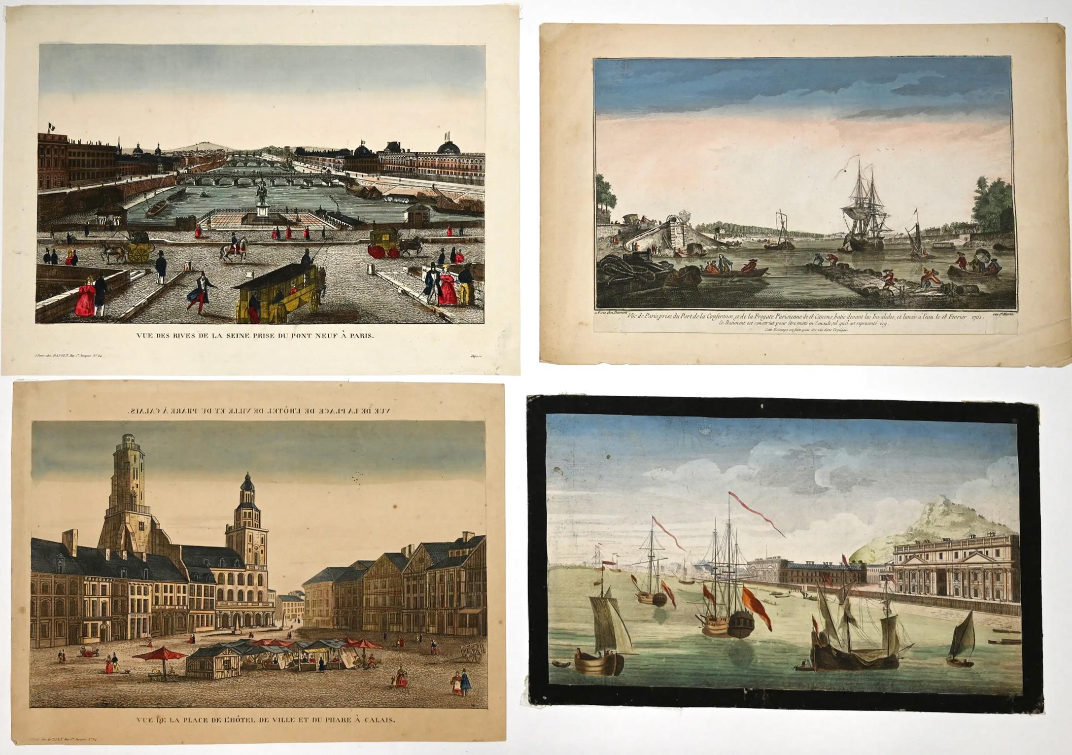 Landscape Print de Jean Benoit Winckler - Cuatro vistas ópticas del siglo XVIII de París, etc.; "Vue des Rives de la Seine ....