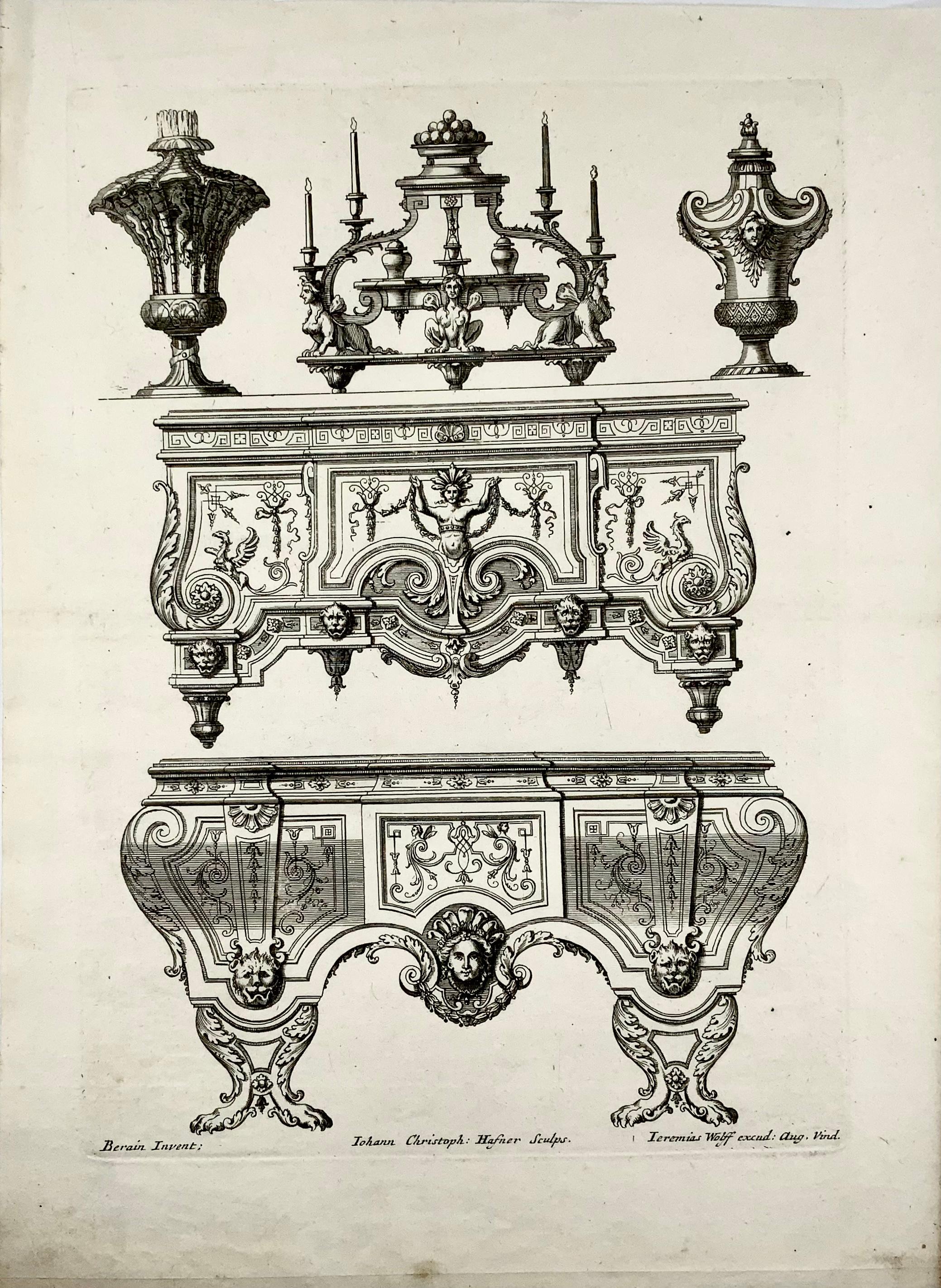 Jean Bérain, French, 1640–1711

Unnumbered plate by BÉRAIN of Commodes. 

38.5 x 28.7 cm

Engraved by Johann Christoph Hafner (1668-1754) [after Bérain], signed Iohann Christoph Haffner sculpsit.

Published in Augsburg c 1711

A collection