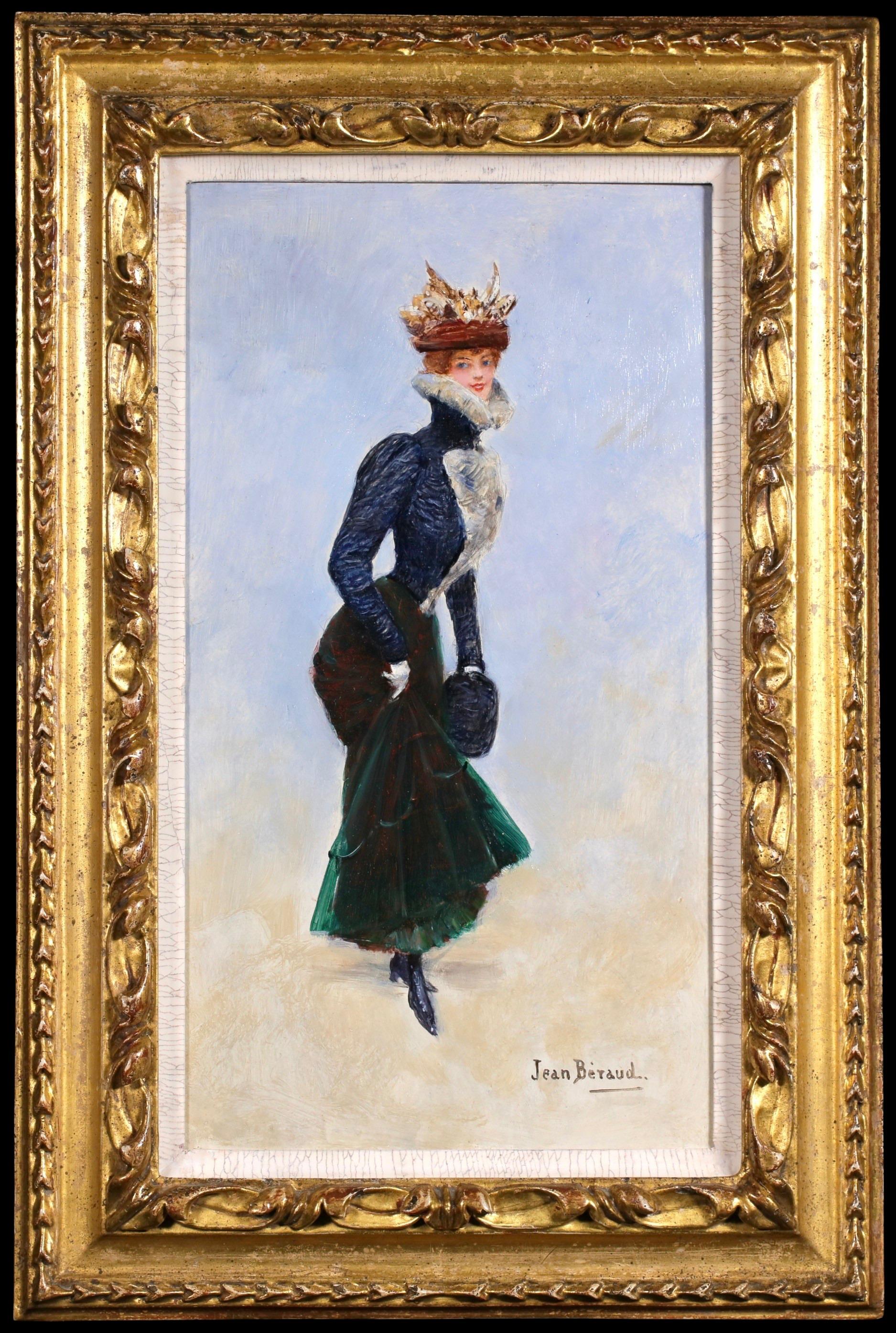 Signiertes Ganzkörperporträt um 1890 von dem französischen impressionistischen Maler Jean Beraud. Das Werk zeigt eine Pariser Dame in einem grünen Tüllrock, einer blauen Jacke mit Pelzbesatz und schwarzen Schnürstiefeln. Sie umklammert einen