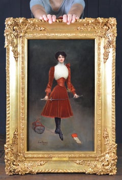 En Garde - 19th Century French Belle Epoque Oil Painting Portrait Fencing Girl 