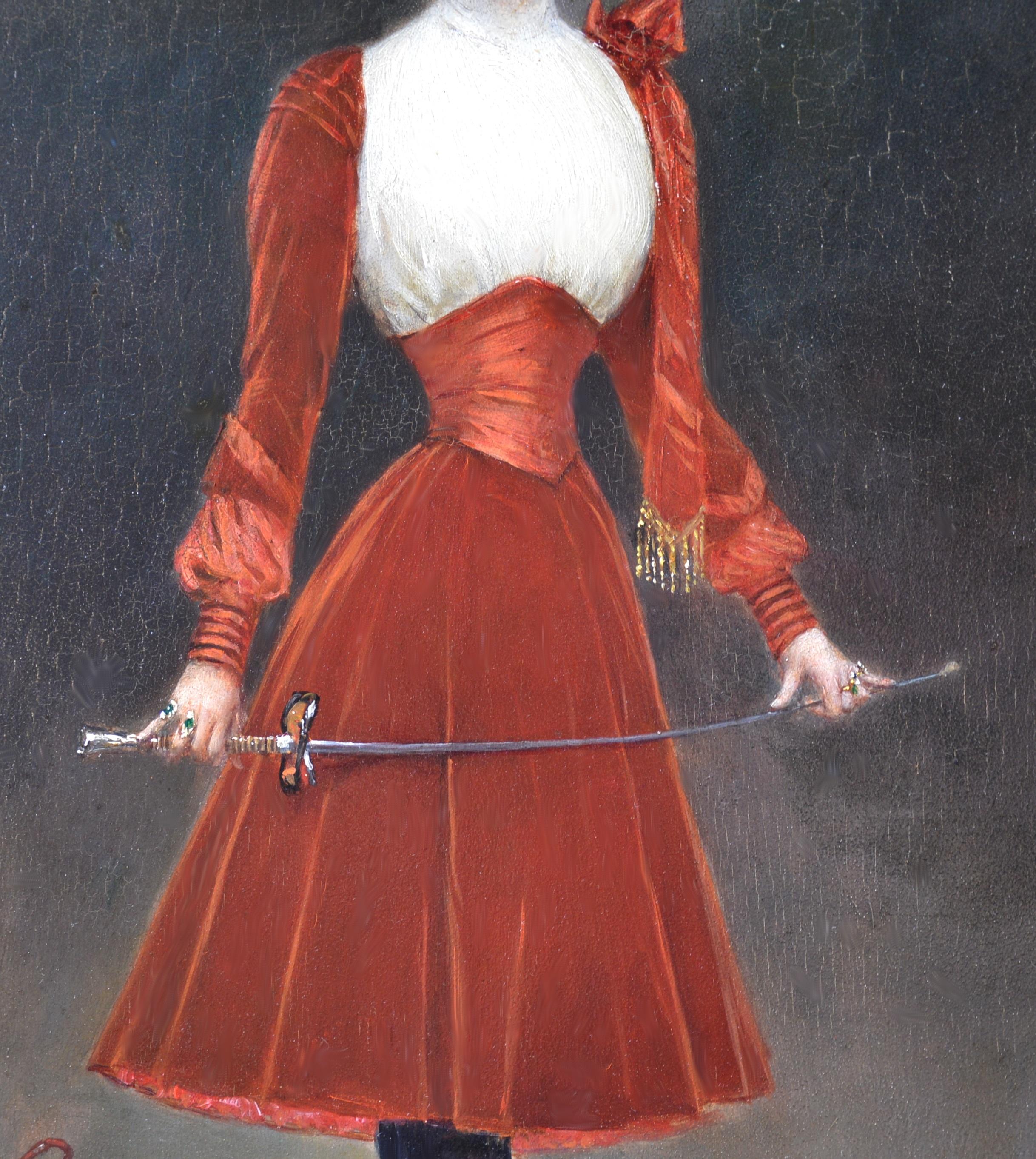En Garde - 19th Century French Belle Epoque Oil Painting Portrait Fencing Girl  - Brown Figurative Painting by Jean Béraud