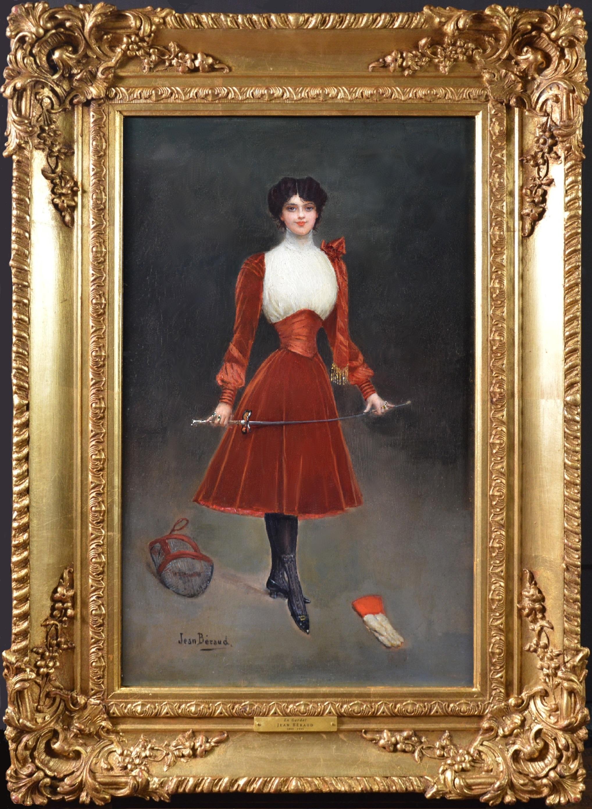 Jean Béraud Figurative Painting - En Garde - 19th Century French Belle Epoque Oil Painting Portrait Fencing Girl