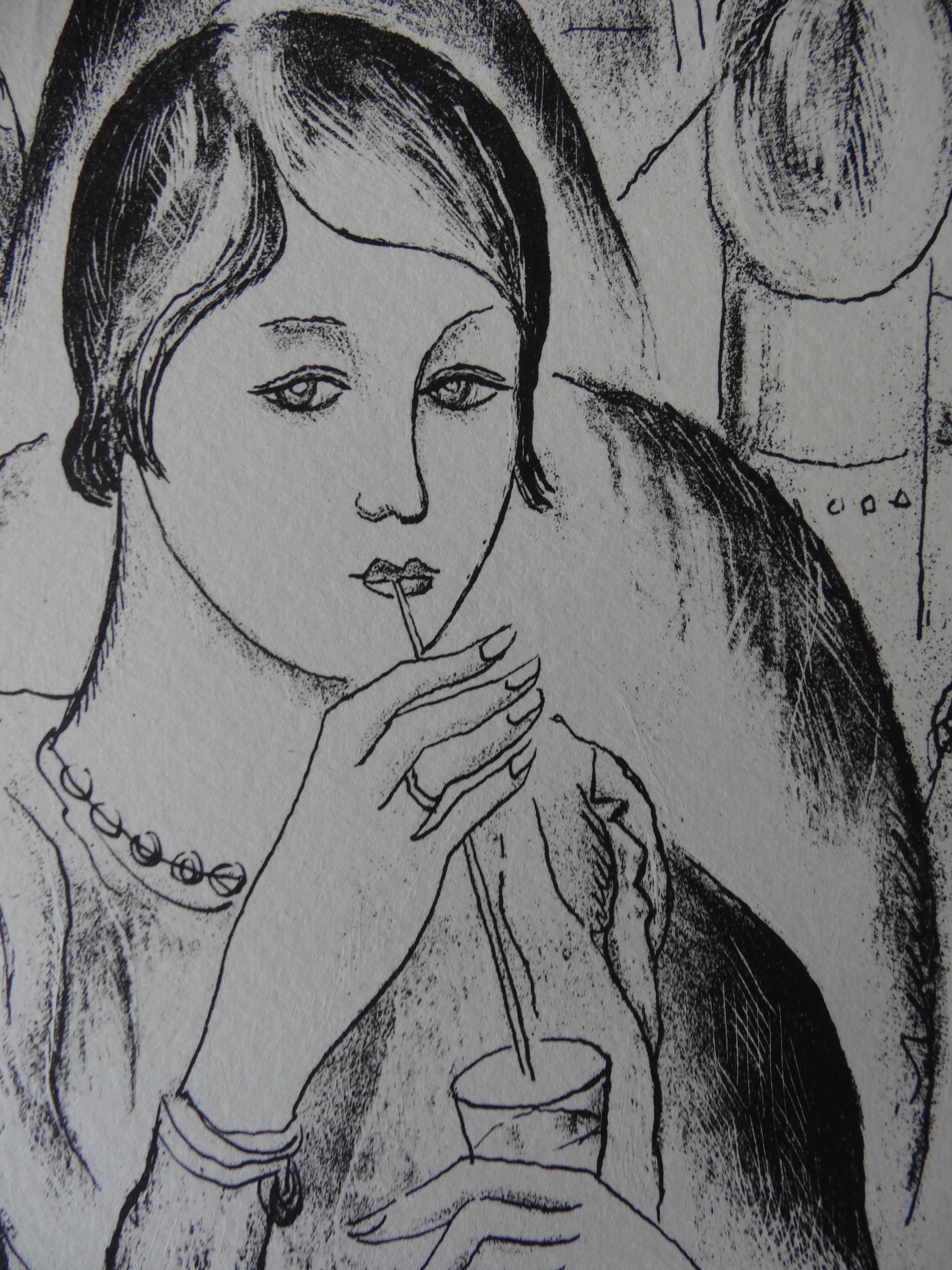 Kate : Mujer bebedora - Litografía Stone, 1930 - Print Moderno de Jean Berque