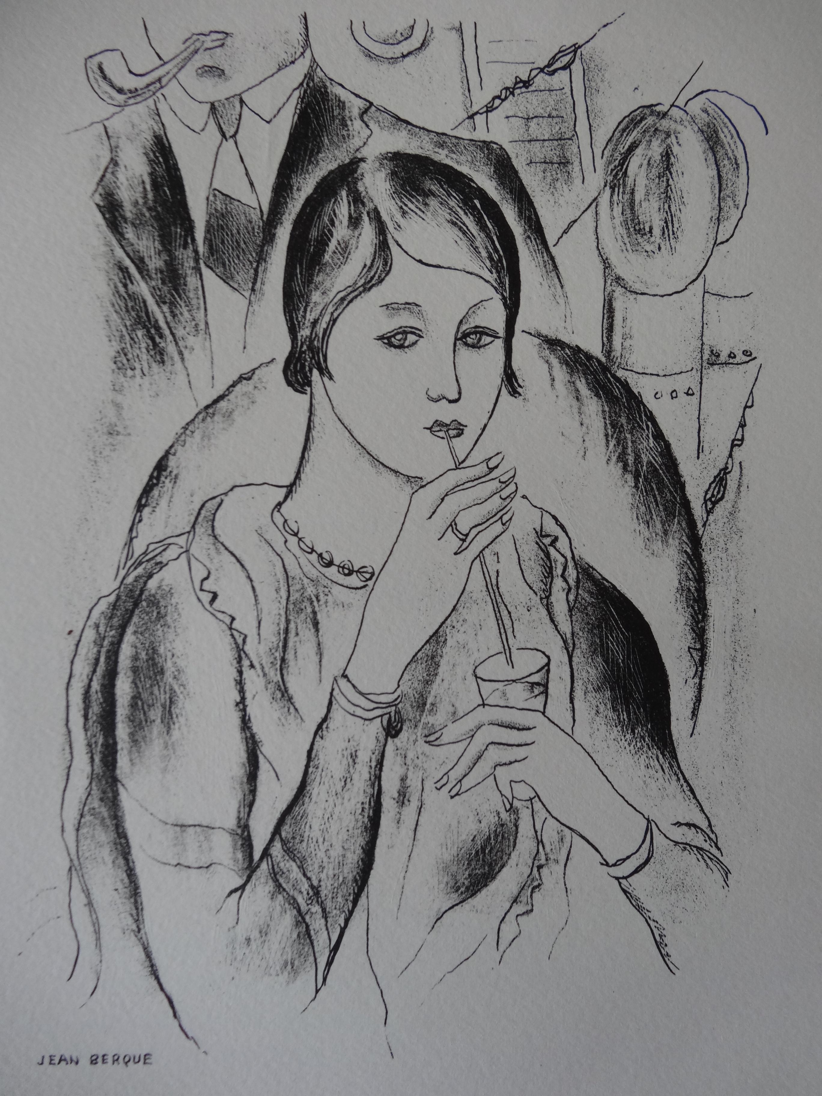 Jean Berque Figurative Print -  Kate : Drinking Woman - Stone lithograph, 1930
