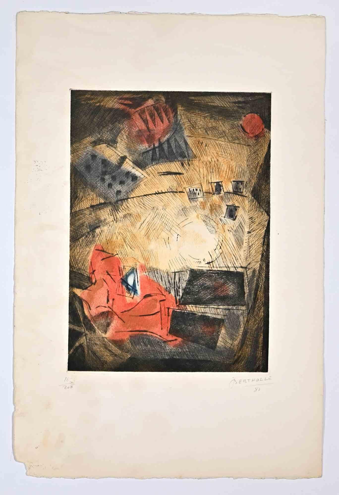 Abstract Composition is an etching print realized in 1980 by Jean Bertholle (1909-1996).

Hand-signed on the lower and date.

Numbered. Edition, 16/200.

Good Conditions.

The artwork is depicted through soft strokes in a well-balanced composition.