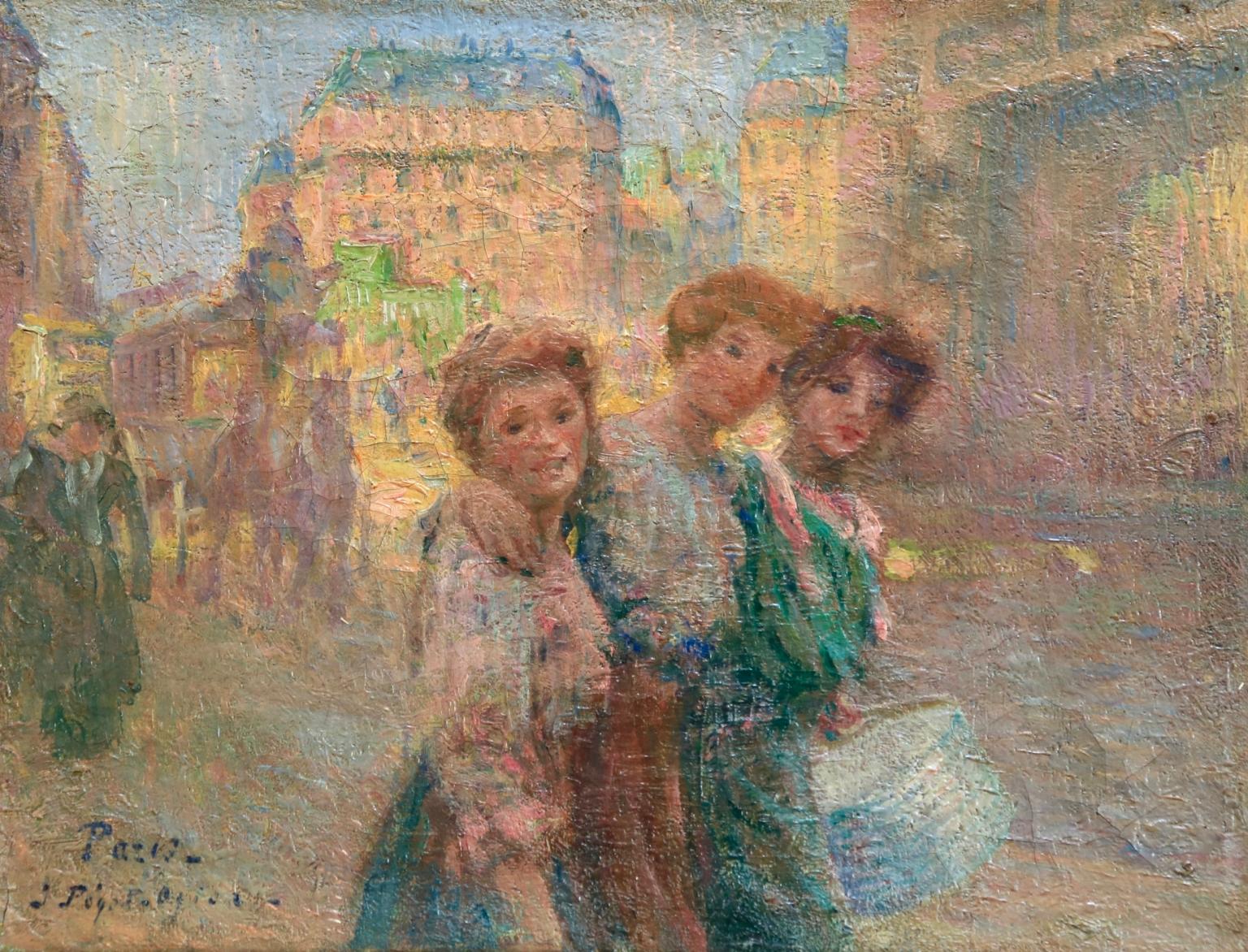 Les Trois Soeurs - Impressionist Oil, Women in City Landscape by J B Pegot-Ogier - Painting by Jean Bertrand Pegot-Ogier