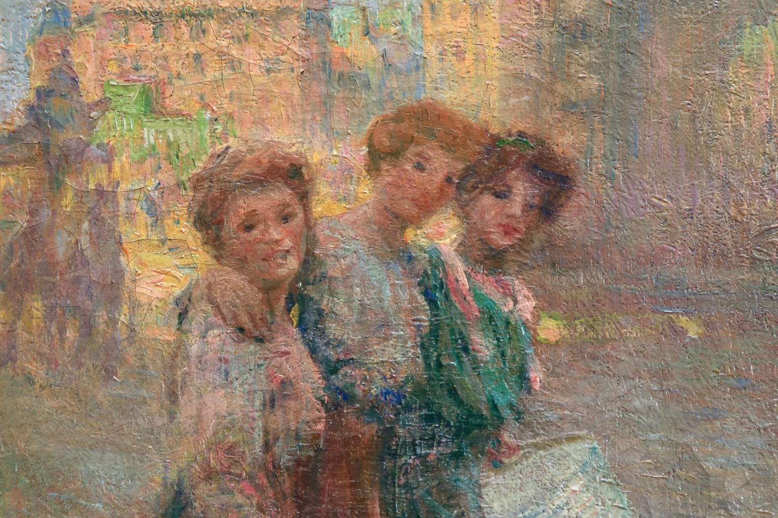 Les Trois Soeurs - Impressionist Oil, Women in City Landscape by J B Pegot-Ogier 1