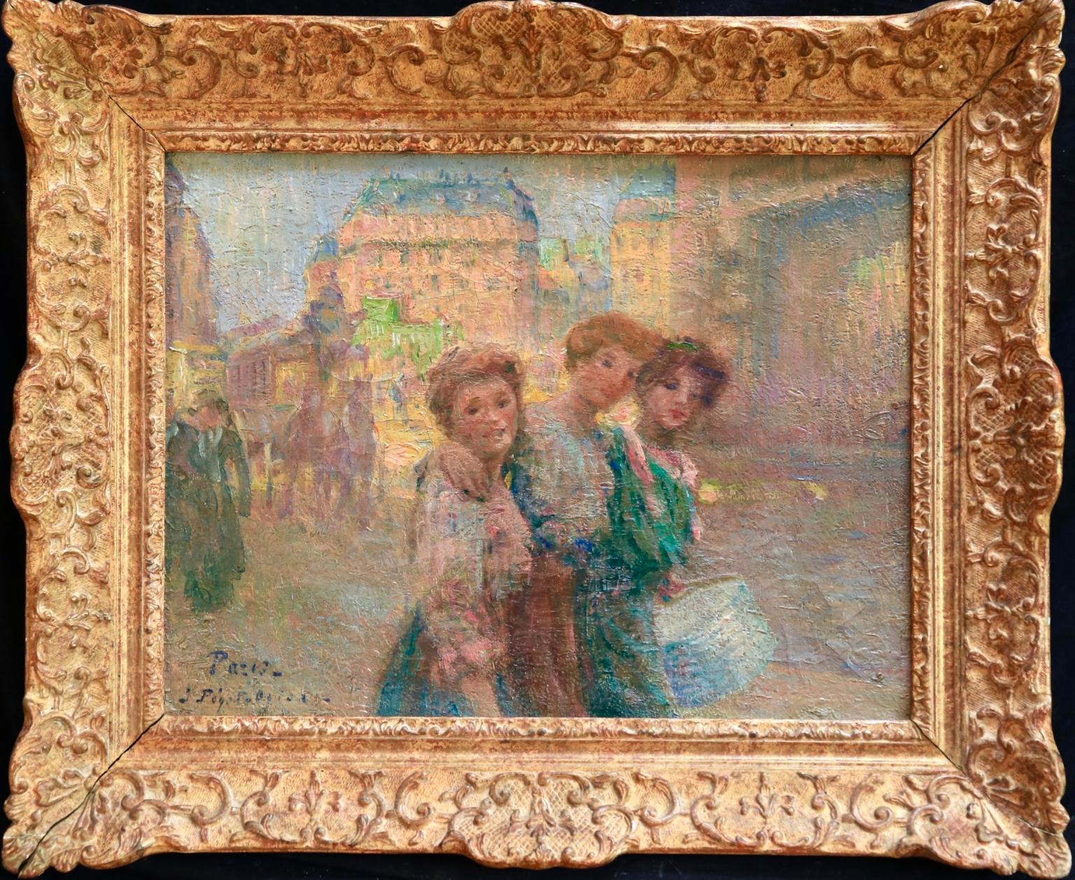 Jean Bertrand Pegot-Ogier Figurative Painting - Les Trois Soeurs - Impressionist Oil, Women in City Landscape by J B Pegot-Ogier