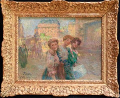 Antique Les Trois Soeurs - Impressionist Oil, Women in City Landscape by J B Pegot-Ogier