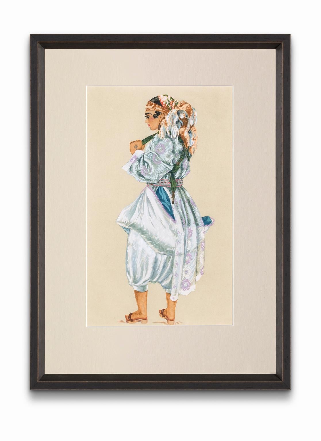 ""Une femme habillée pour le travail domestique" de "Costumes of Morocco", Gouache sur papier