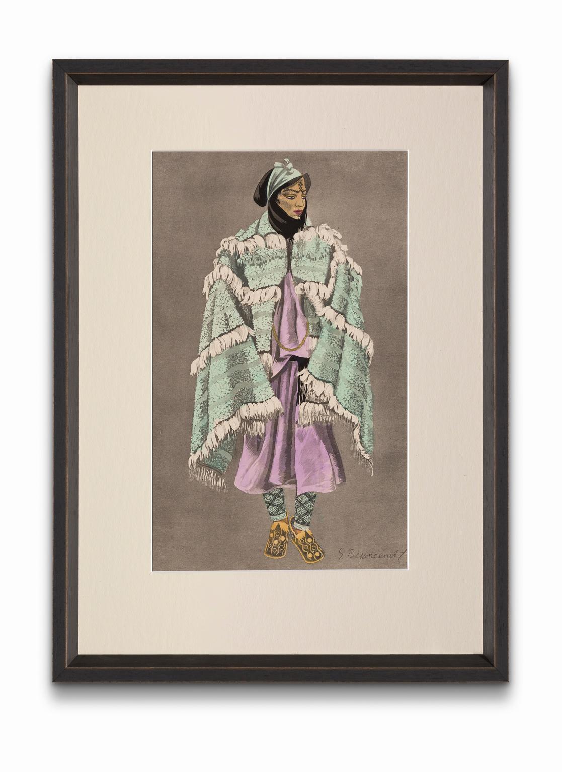 Jean Besancenot Portrait Print - "Woman of the Aït MGuild" from "Costumes of Morocco", Gouache on Paper