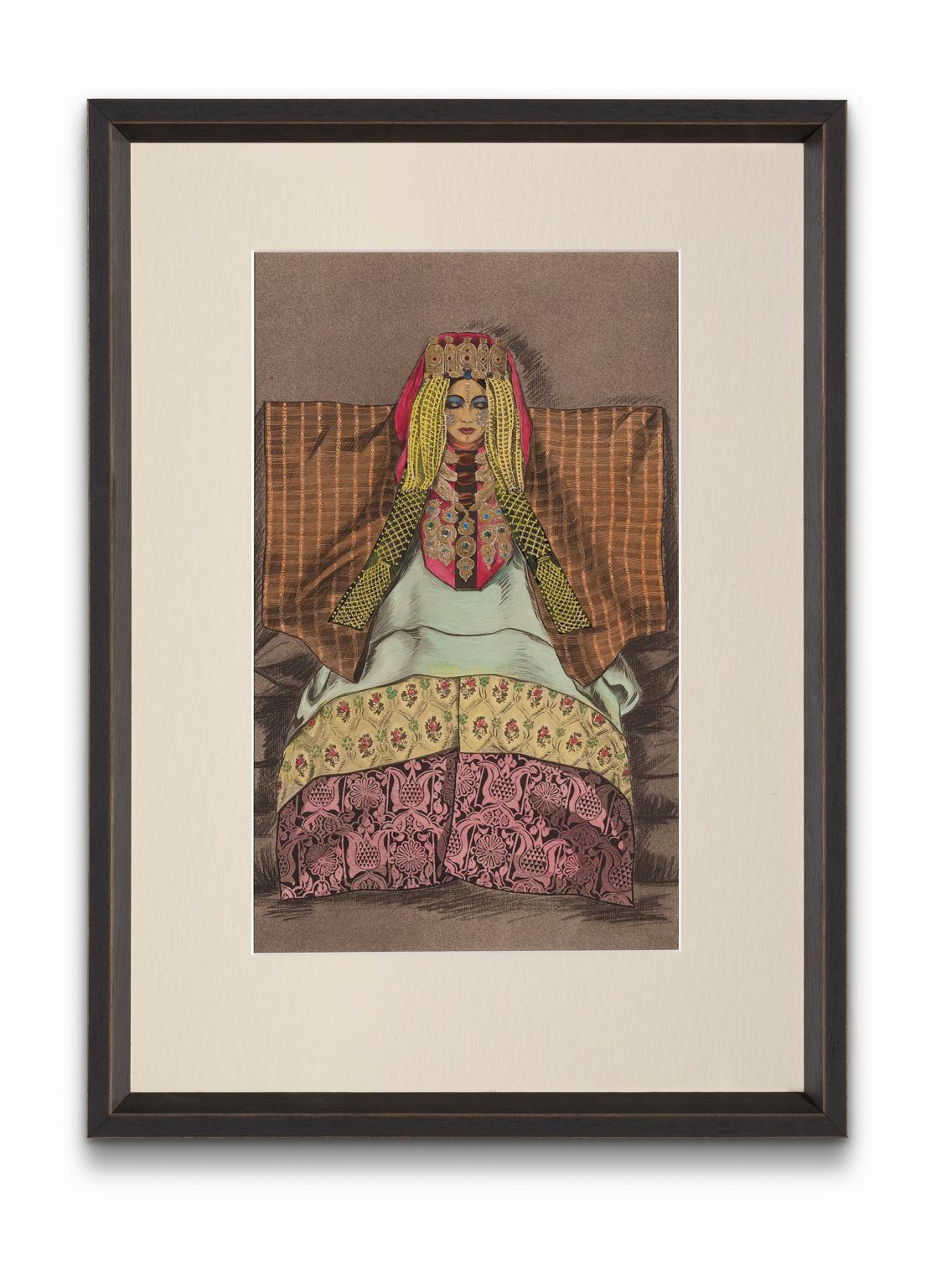 Jean Besancenot Portrait Print - "Woman of the Imerrhane" from "Costumes of Morocco", Gouache on Paper