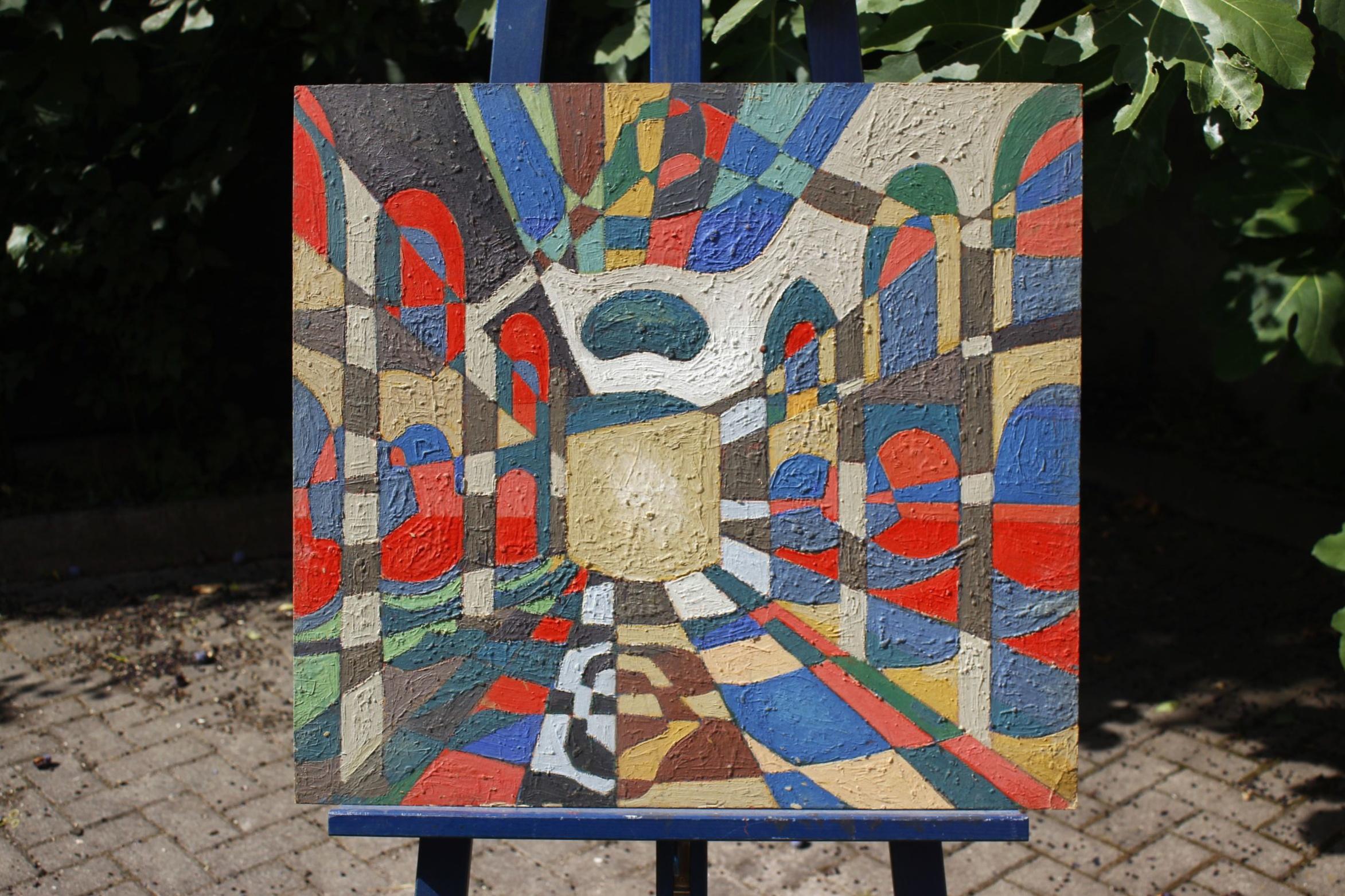 Abstraktes Ölgemälde auf Karton von Jean Besnard, signiert und datiert 1983, leuchtende Farben in einer dicken Schicht aufgetragen. 

In gutem Zustand, zeigt sehr wenig Verschleiß an den Ecken. 

