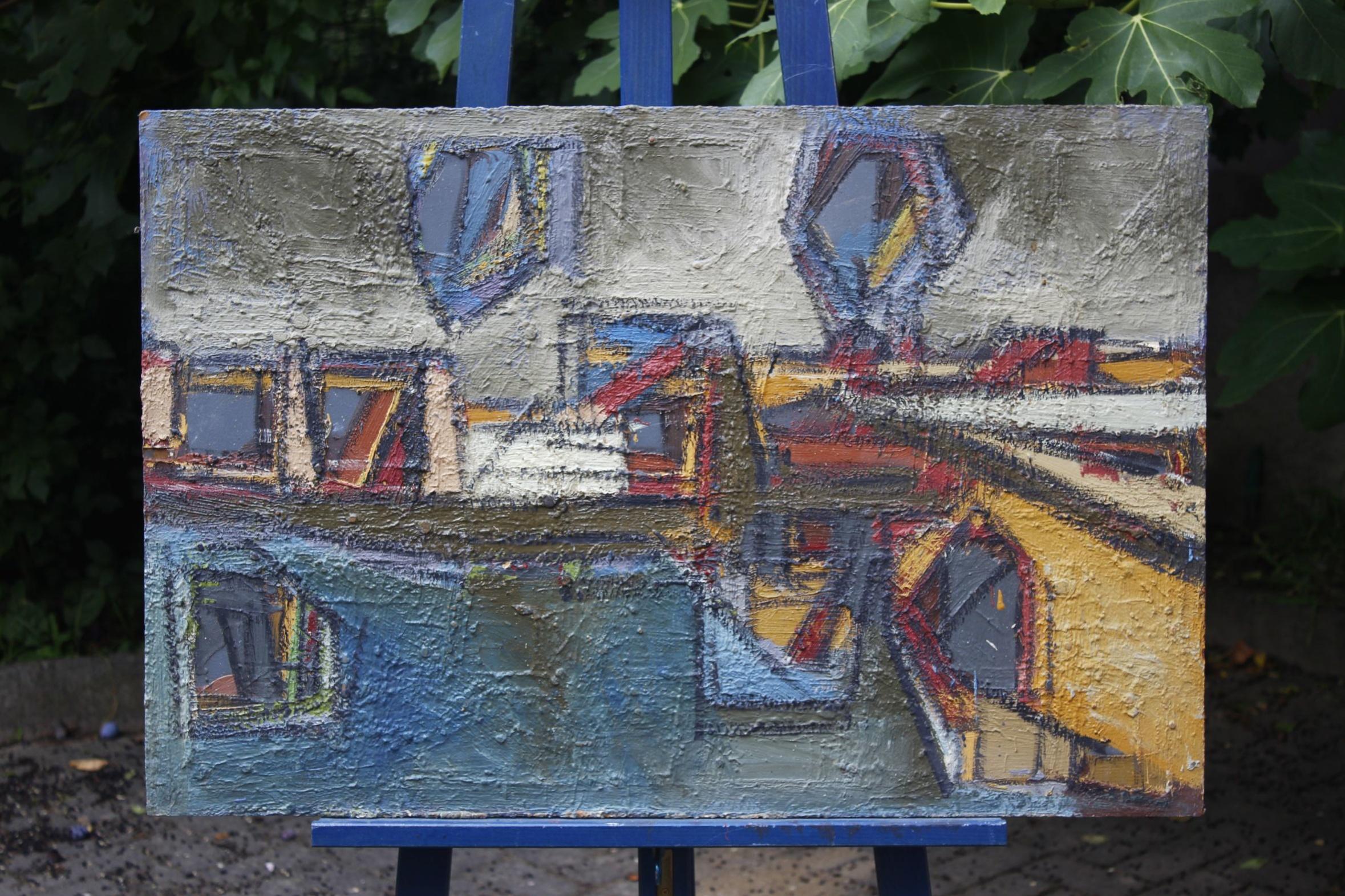 Peinture à l'huile d'abstrction architecturale sur panneau cartonné de Jean Besnard, signée et datée 1972, couleurs appliquées en couche épaisse. 

En bon état, très peu d'usure sur les coins. 

