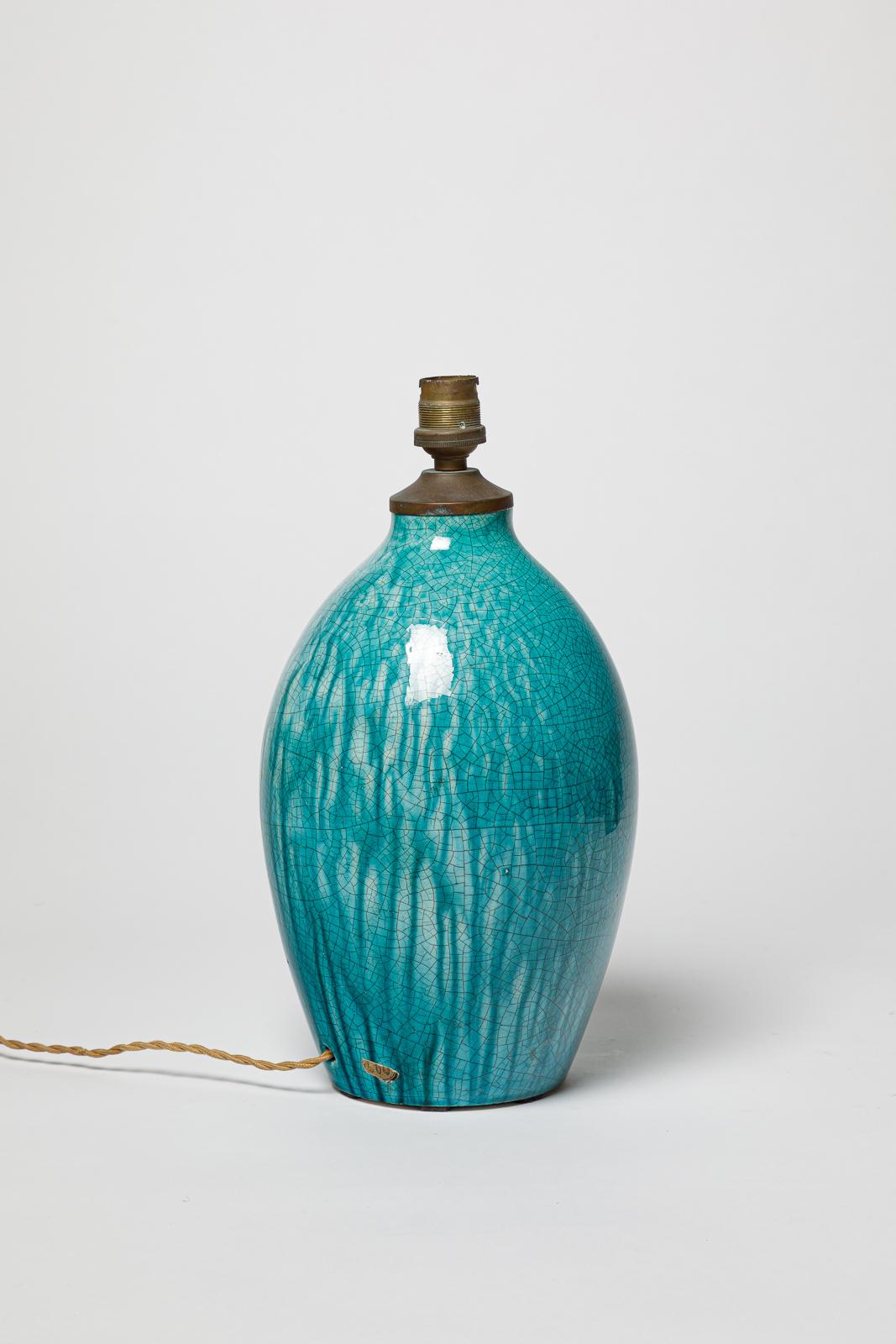 Jean Besnard 20. art deco blaue Keramik Tischlampe um 1940 32 cm im Zustand „Hervorragend“ im Angebot in Neuilly-en- sancerre, FR