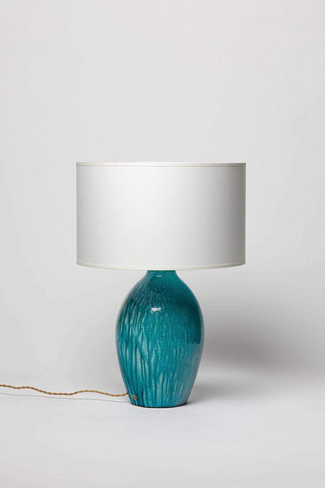 Jean Besnard 20. art deco blaue Keramik Tischlampe um 1940 32 cm (20. Jahrhundert) im Angebot