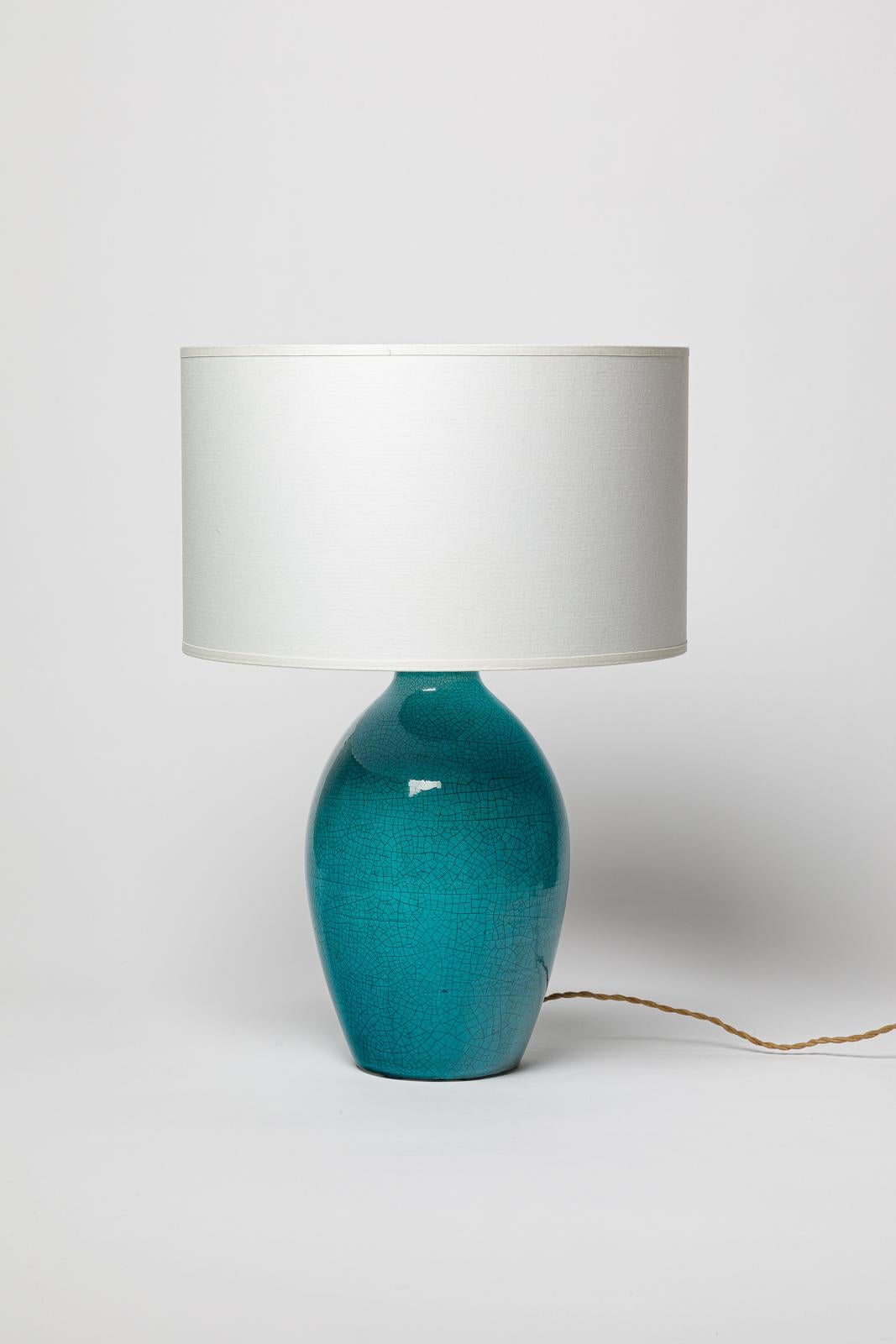 Jean Besnard 20. art deco blaue Keramik Tischlampe um 1940 32 cm im Angebot 1