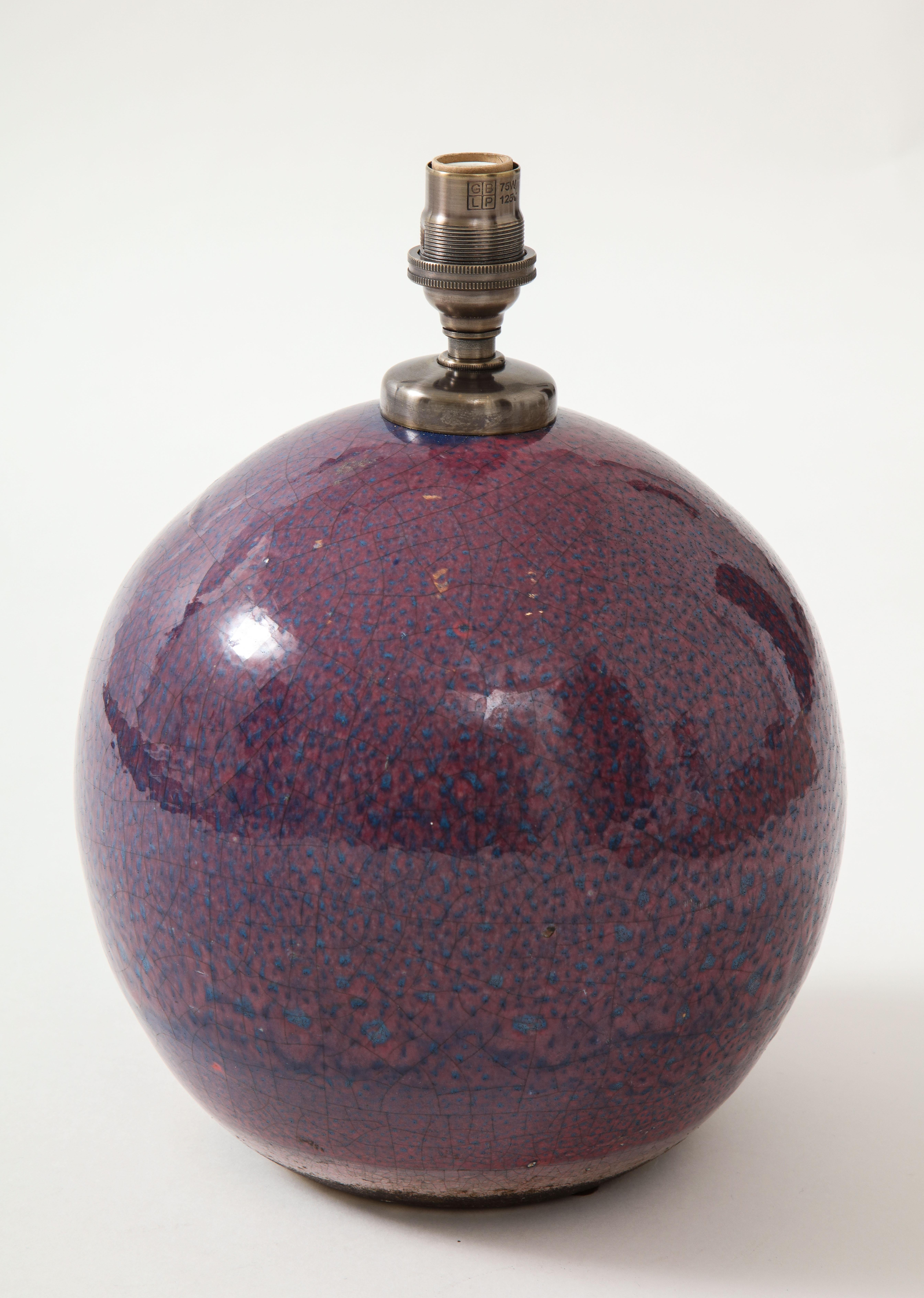 Art Deco Jean Besnard Ceramic Purple Sphere Lamp France circa 1935, Signed ‘JB’ 'France'