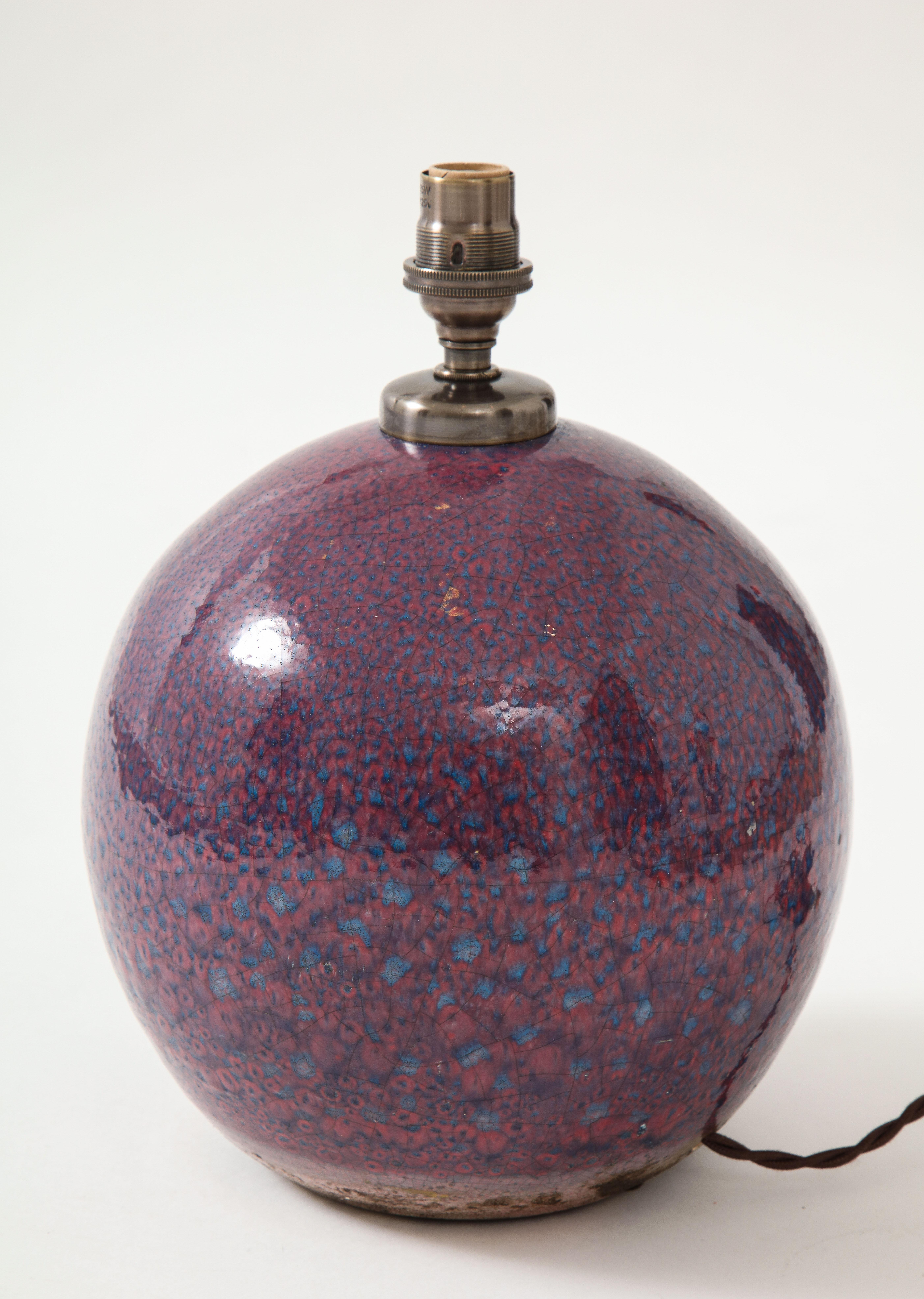 Glazed Jean Besnard Ceramic Purple Sphere Lamp France circa 1935, Signed ‘JB’ 'France'