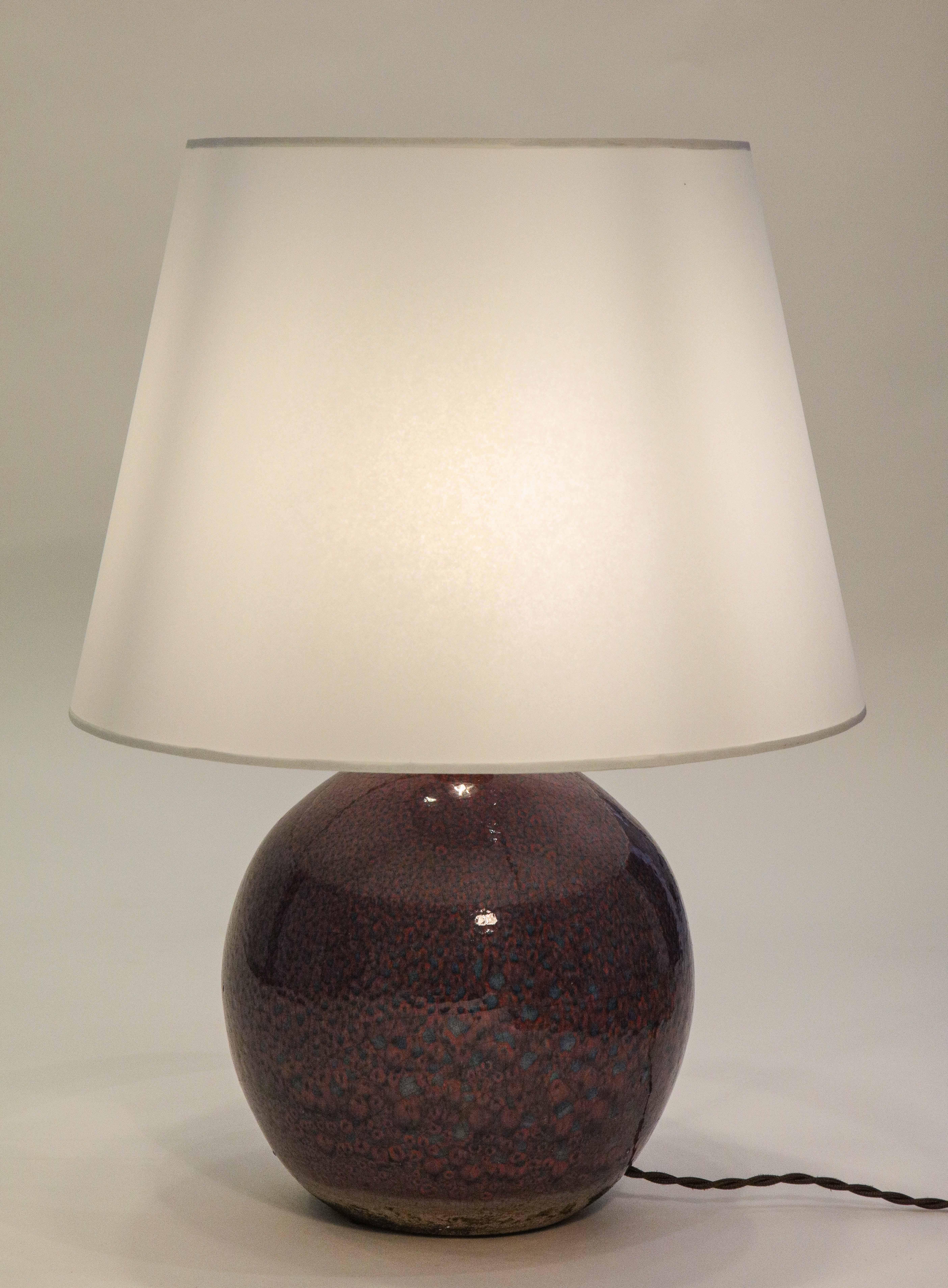 Jean Besnard Ceramic Purple Sphere Lamp France circa 1935, Signed ‘JB’ 'France' In Good Condition In Brooklyn, NY