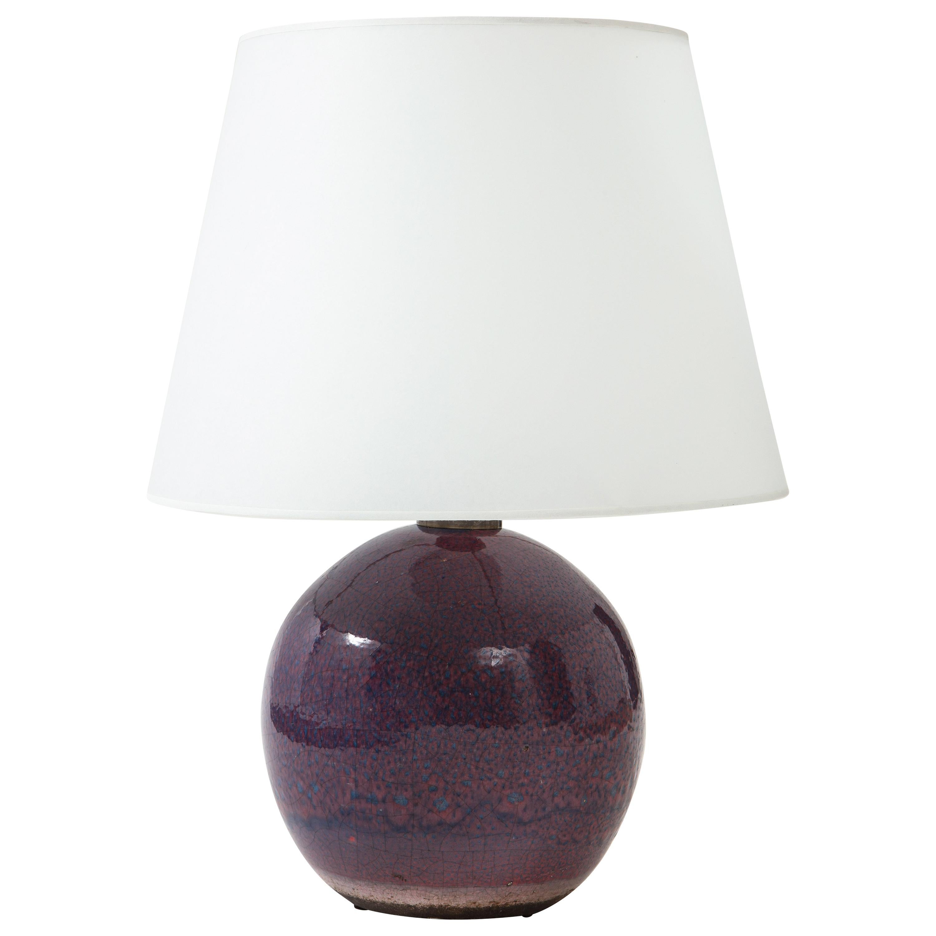 Jean Besnard Ceramic Purple Sphere Lamp France circa 1935, Signed ‘JB’ 'France'