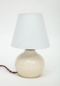 Jean Besnard Crackle Ceramic Small Lamp, Parchment Shade, France, C. 1926 Signed