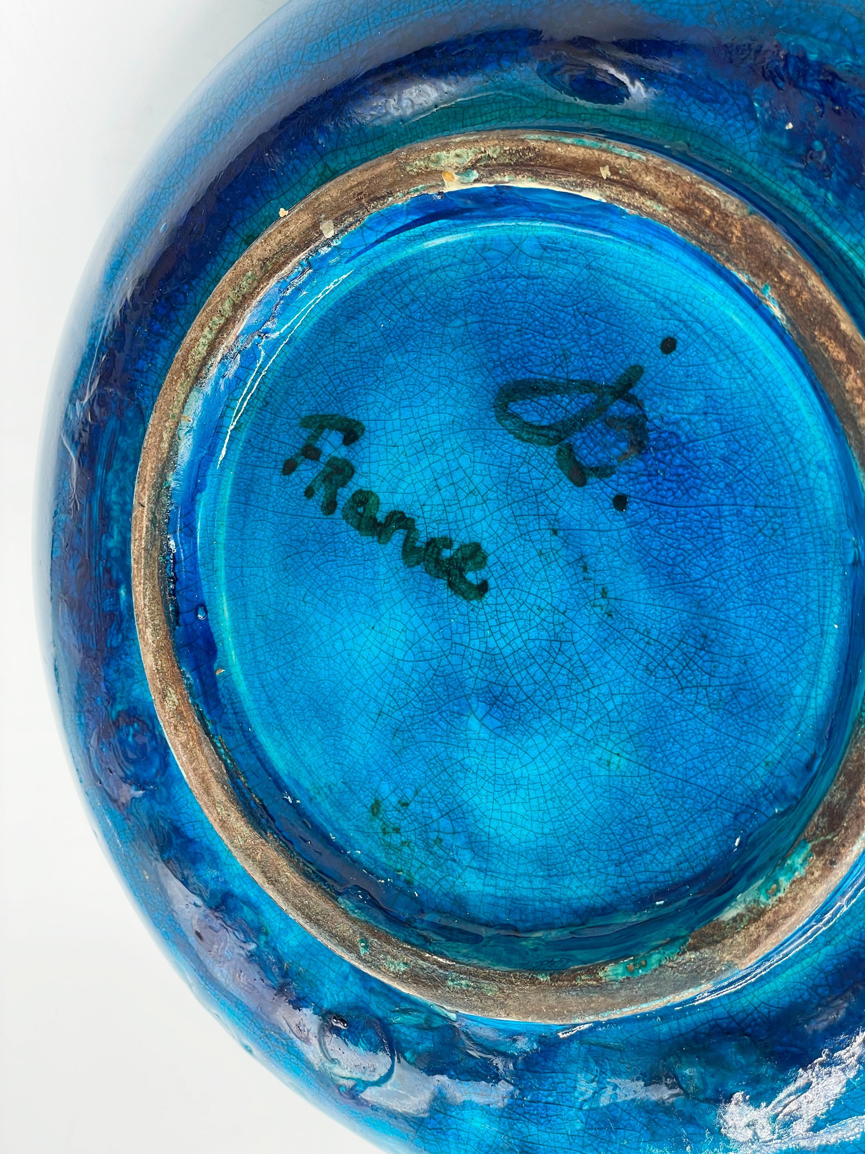 Vernissé Bol en poterie émaillée turquoise craquelée Jean Besnard en vente