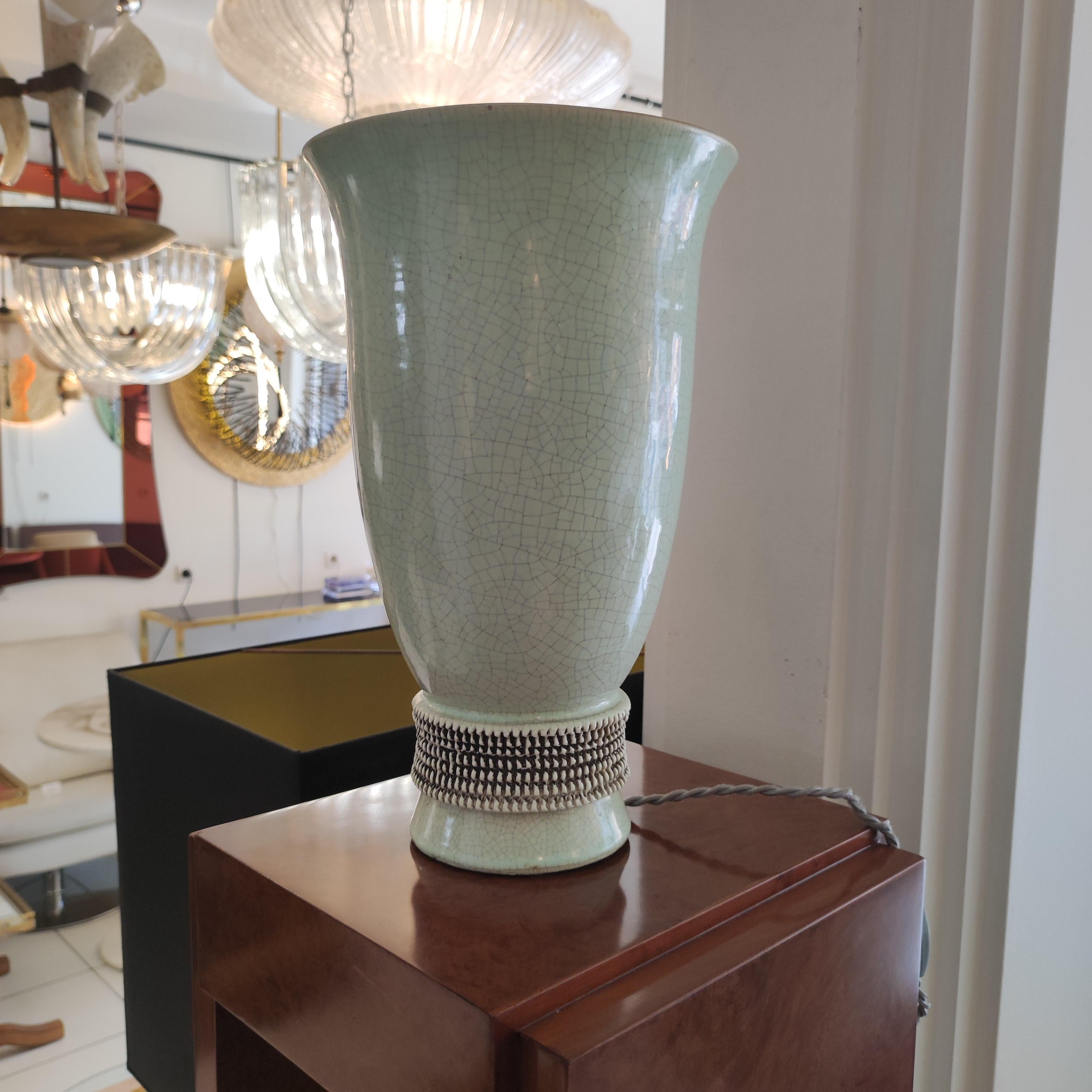 20th Century Jean Besnard lamp in celadon green cracked ceramic, circa 1930 For Sale