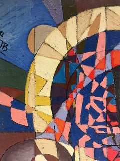 Large 20th Century French Abstract Cubist Composition Signed Oil Painting