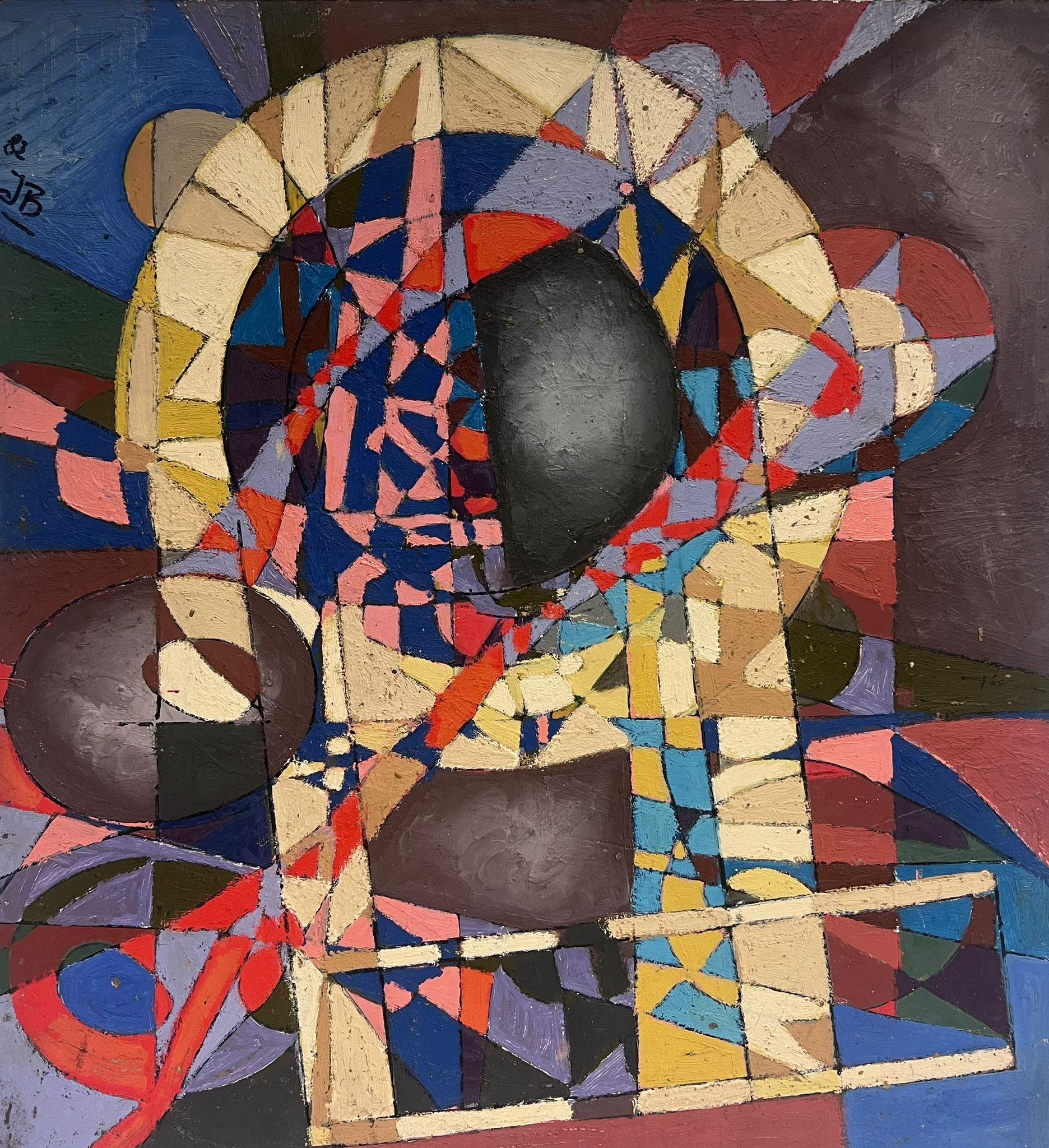 Abstract Painting di Jean Besnard - Grande dipinto a olio del XX secolo, composizione astratta cubista francese firmata