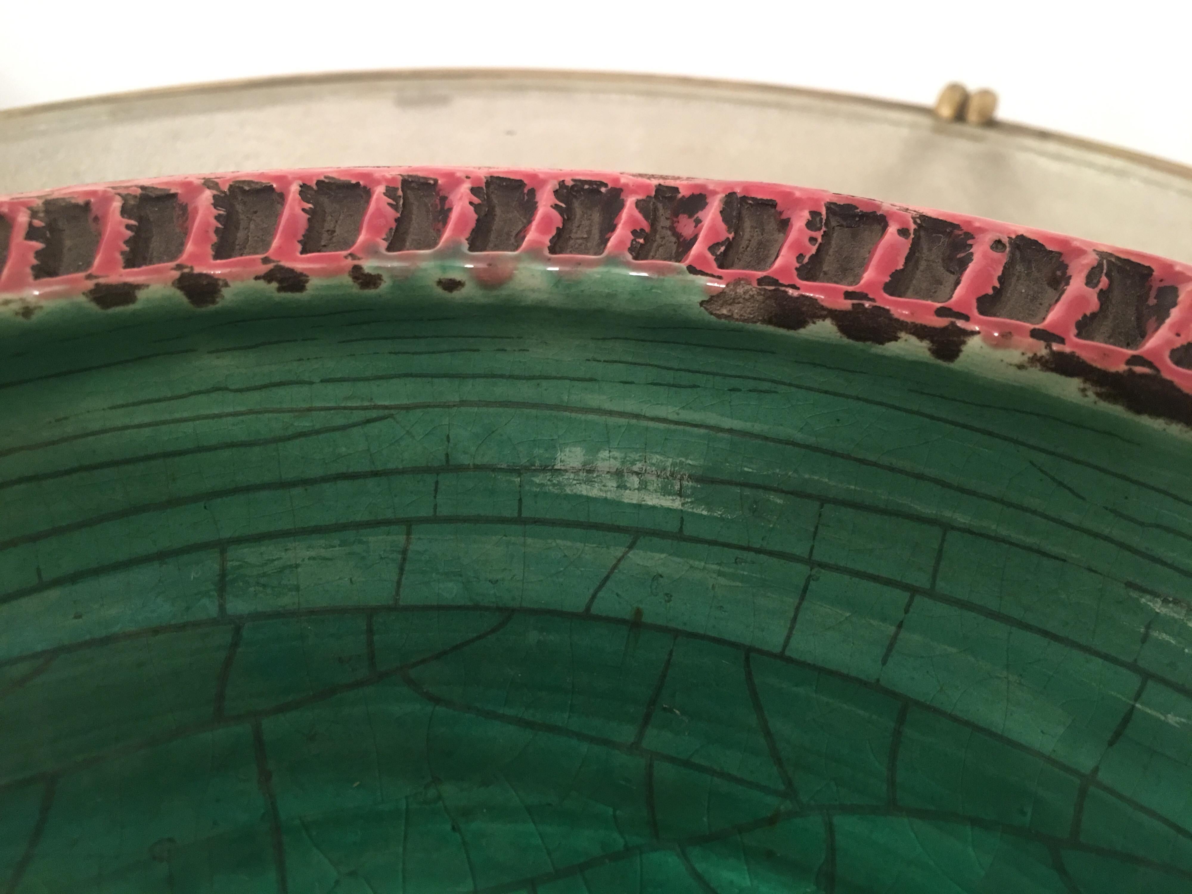 Jean Besnard Signed Green Crackle and Pink Ceramic Bowl, France, 1930s For Sale 9