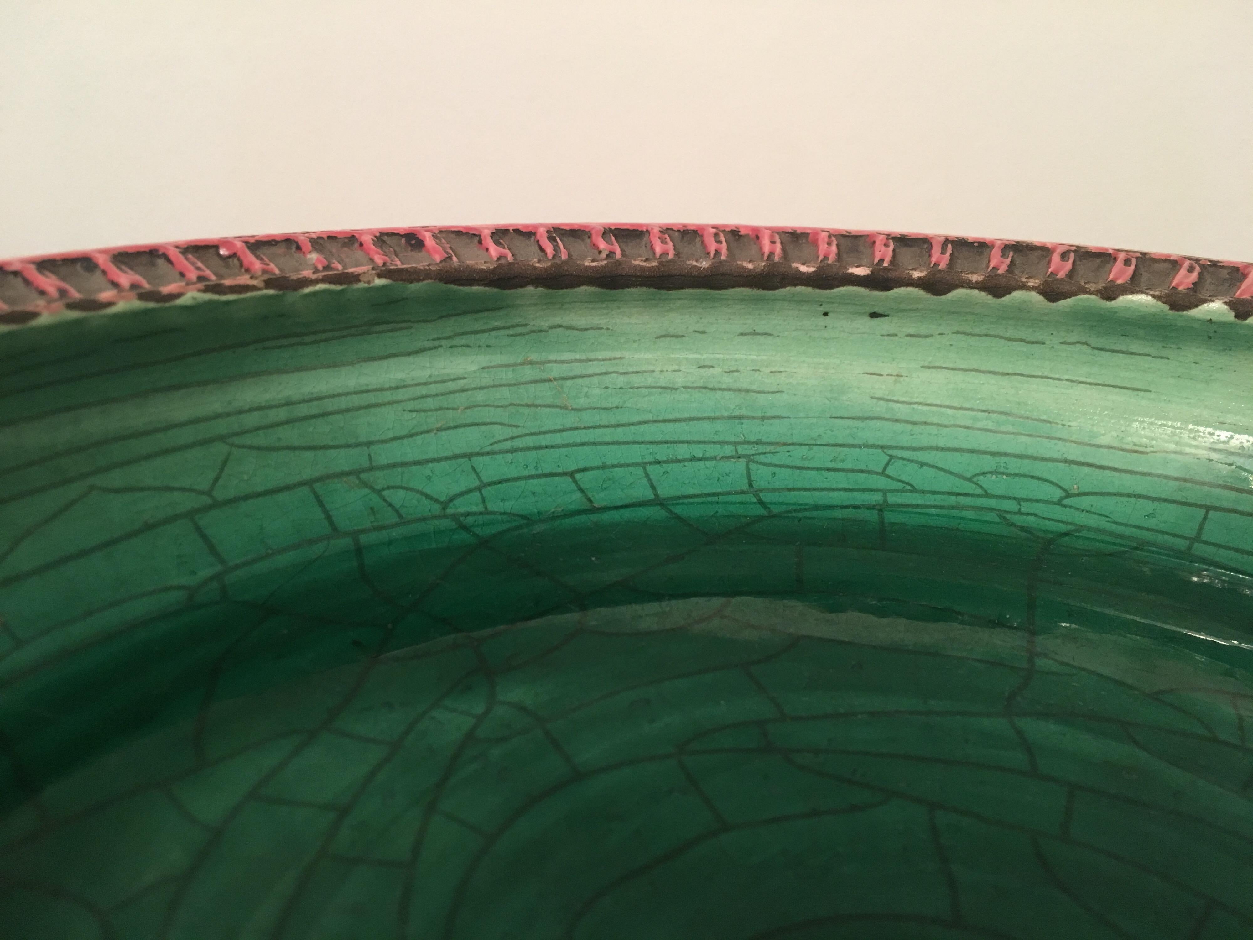 Jean Besnard Signed Green Crackle and Pink Ceramic Bowl, France, 1930s im Angebot 9