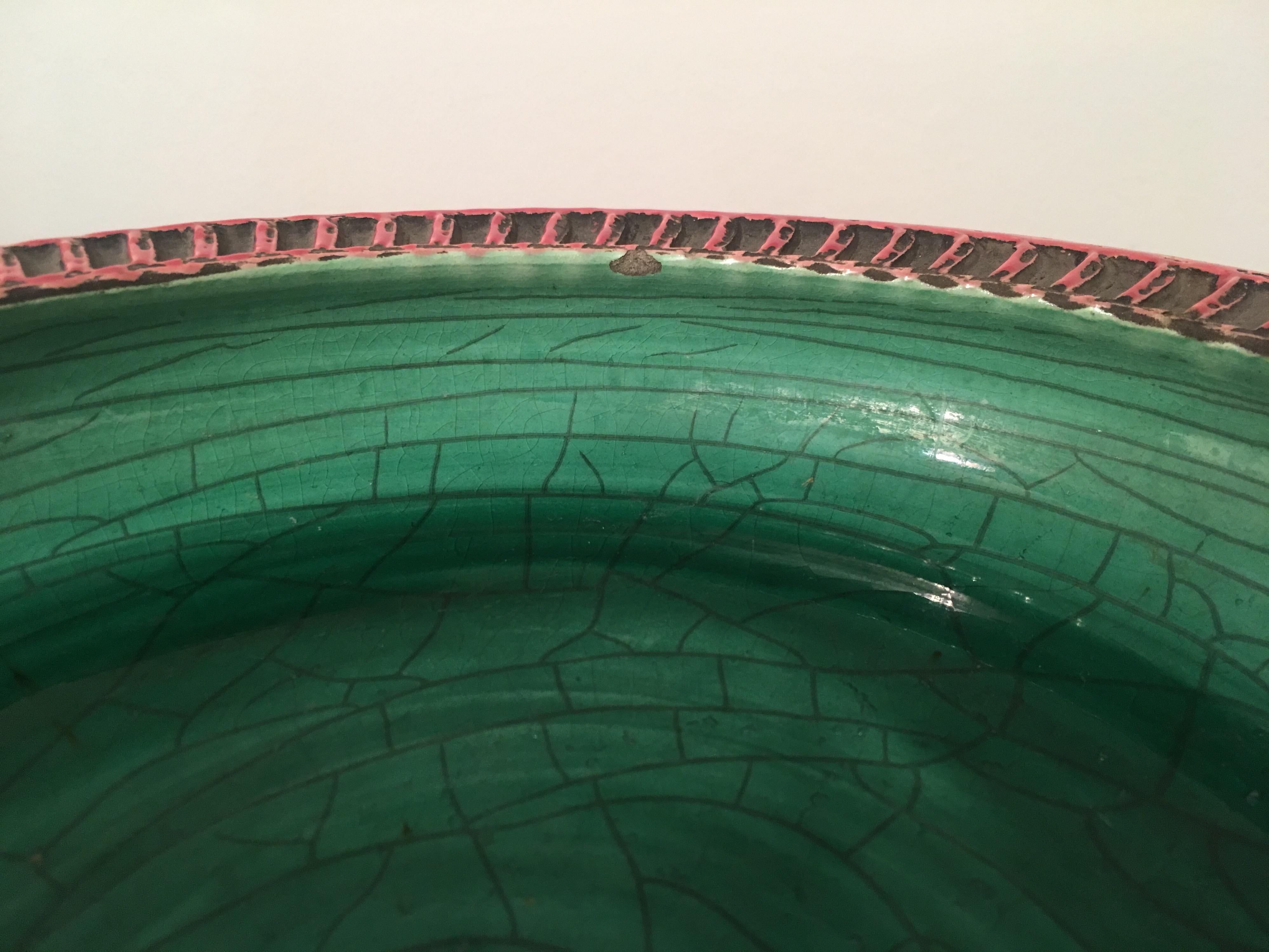 Jean Besnard Signed Green Crackle and Pink Ceramic Bowl, France, 1930s For Sale 11