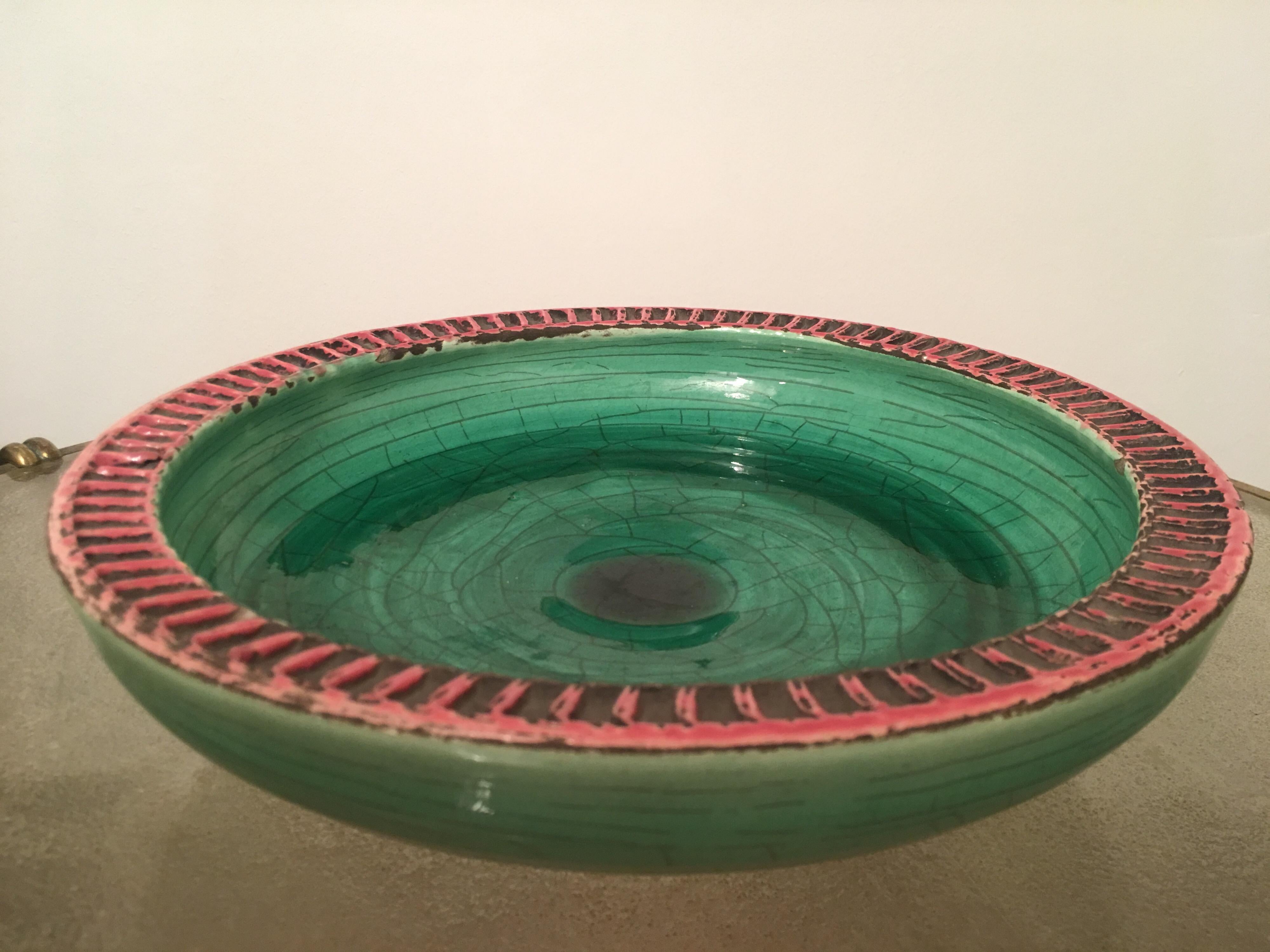 Art Deco Jean Besnard Signed Green Crackle and Pink Ceramic Bowl, France, 1930s For Sale