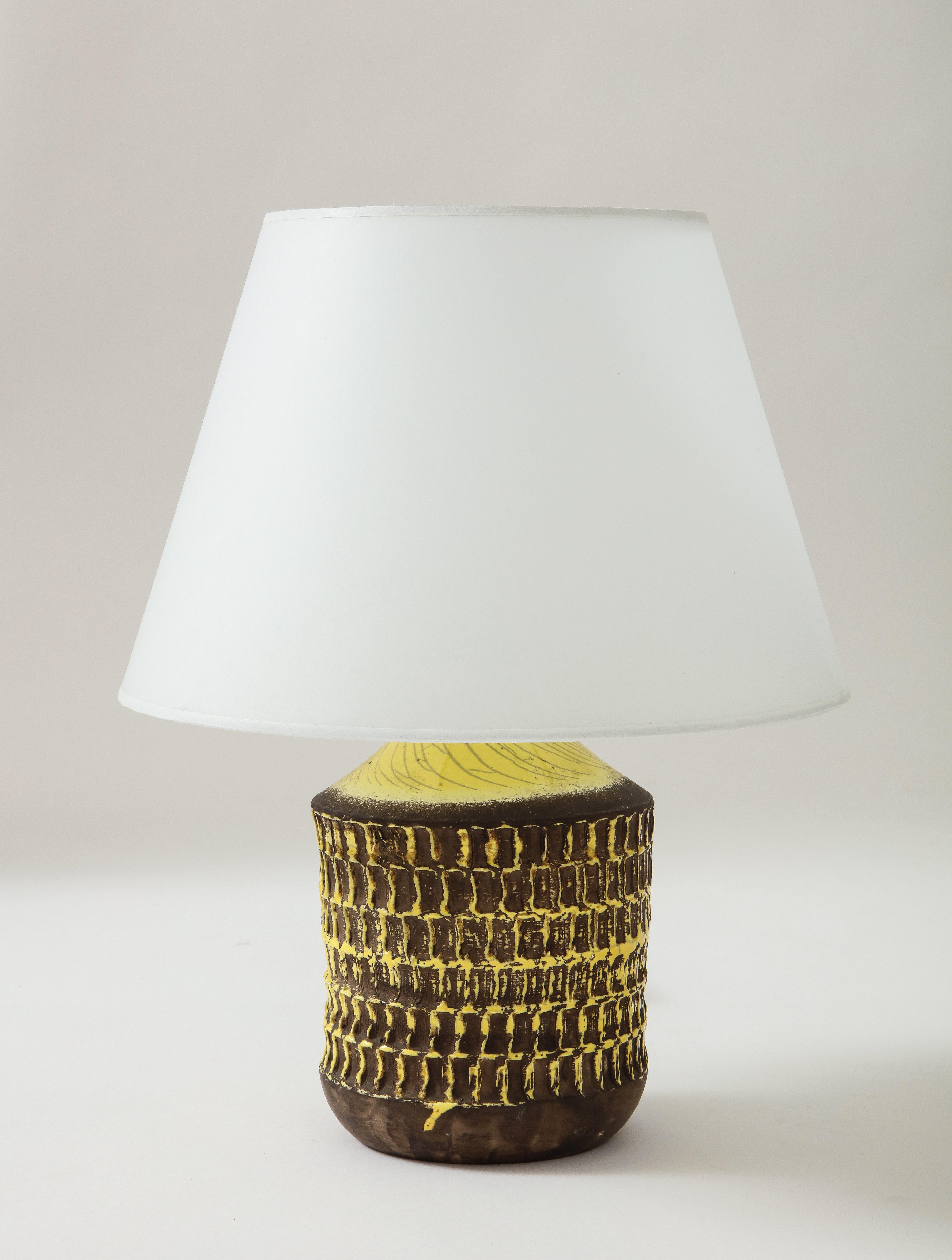 Art Deco Jean Besnard Yellow Glaze Ceramic Lamp with Custom Parchment Shade