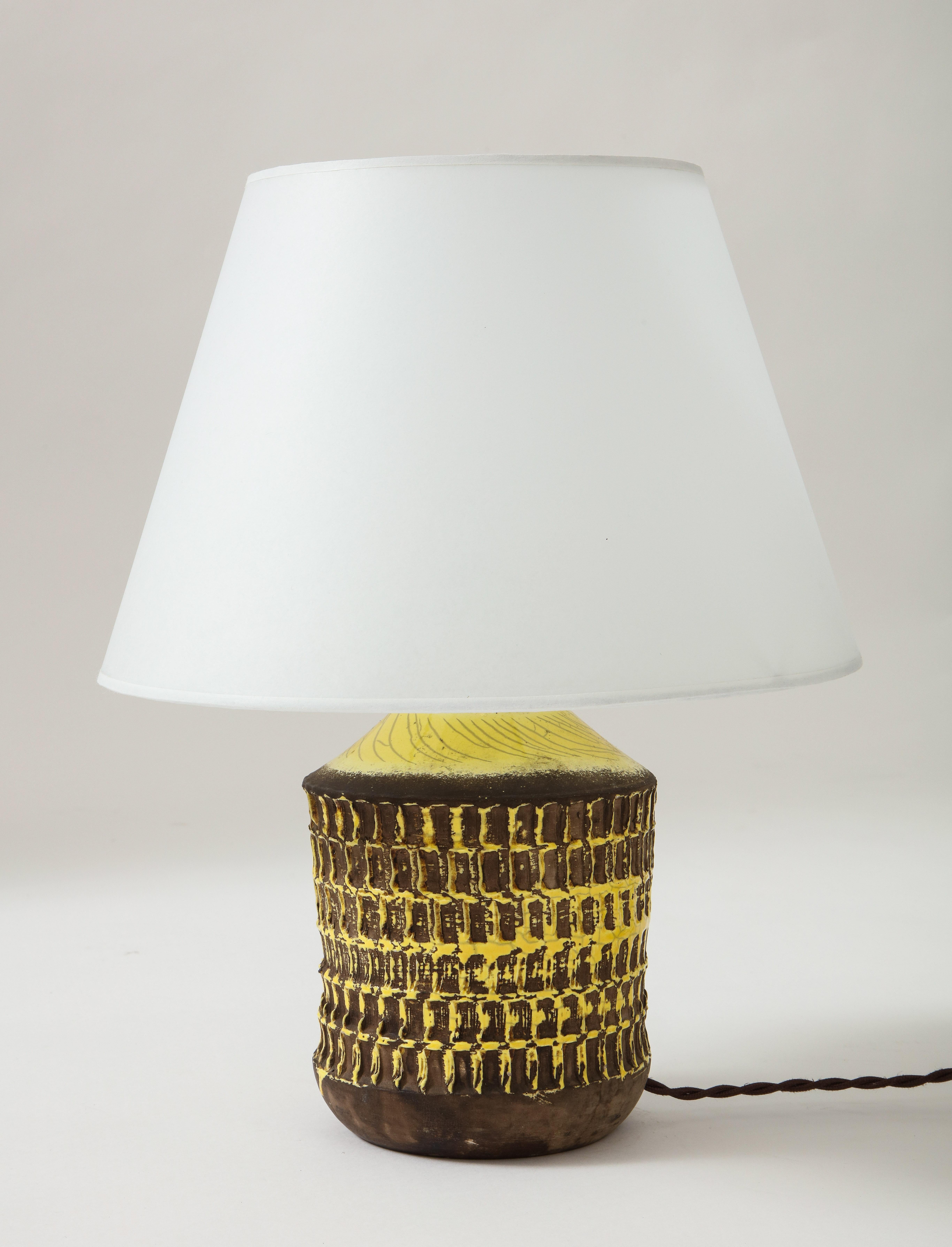 French Jean Besnard Yellow Glaze Ceramic Lamp with Custom Parchment Shade