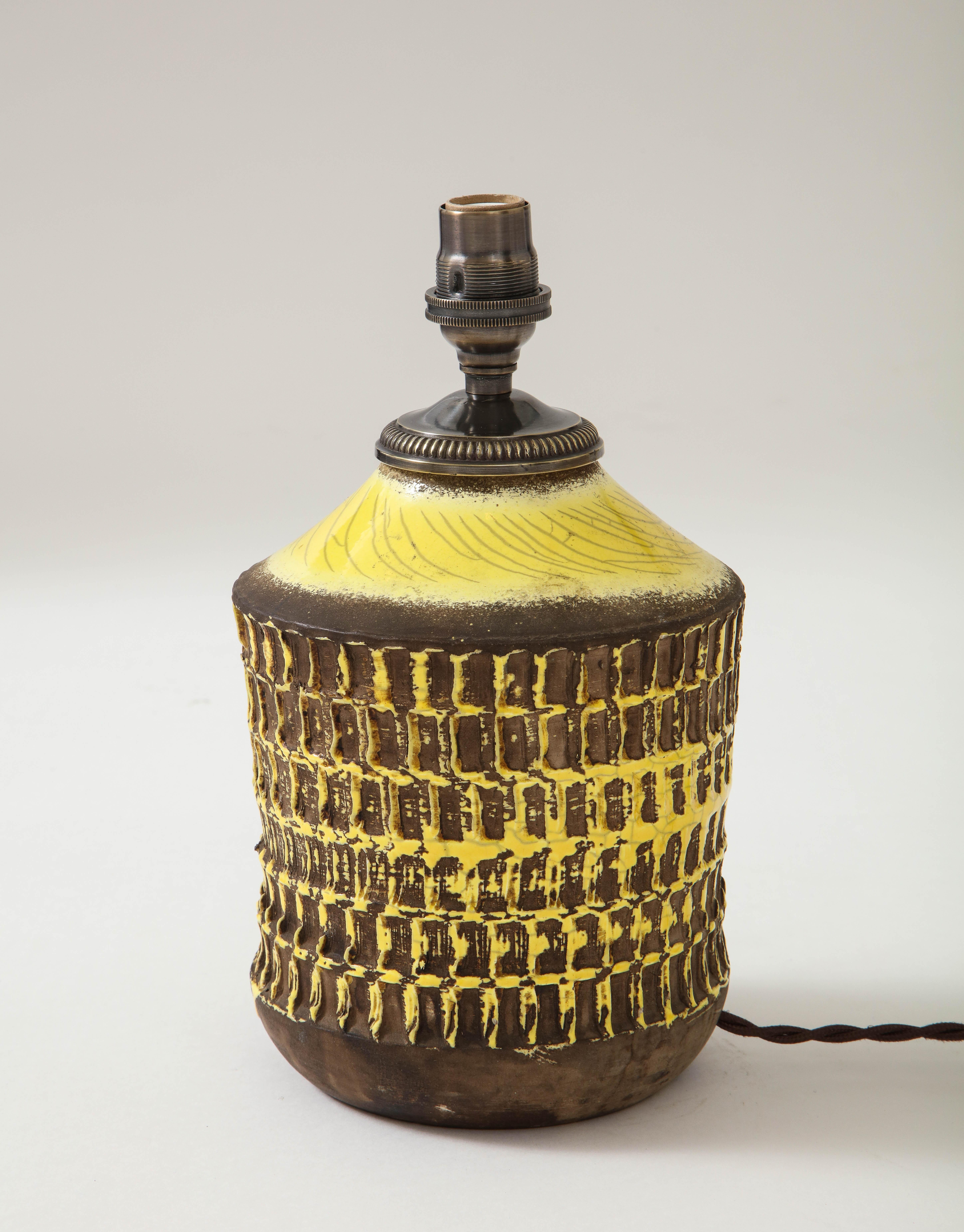 Glazed Jean Besnard Yellow Glaze Ceramic Lamp with Custom Parchment Shade