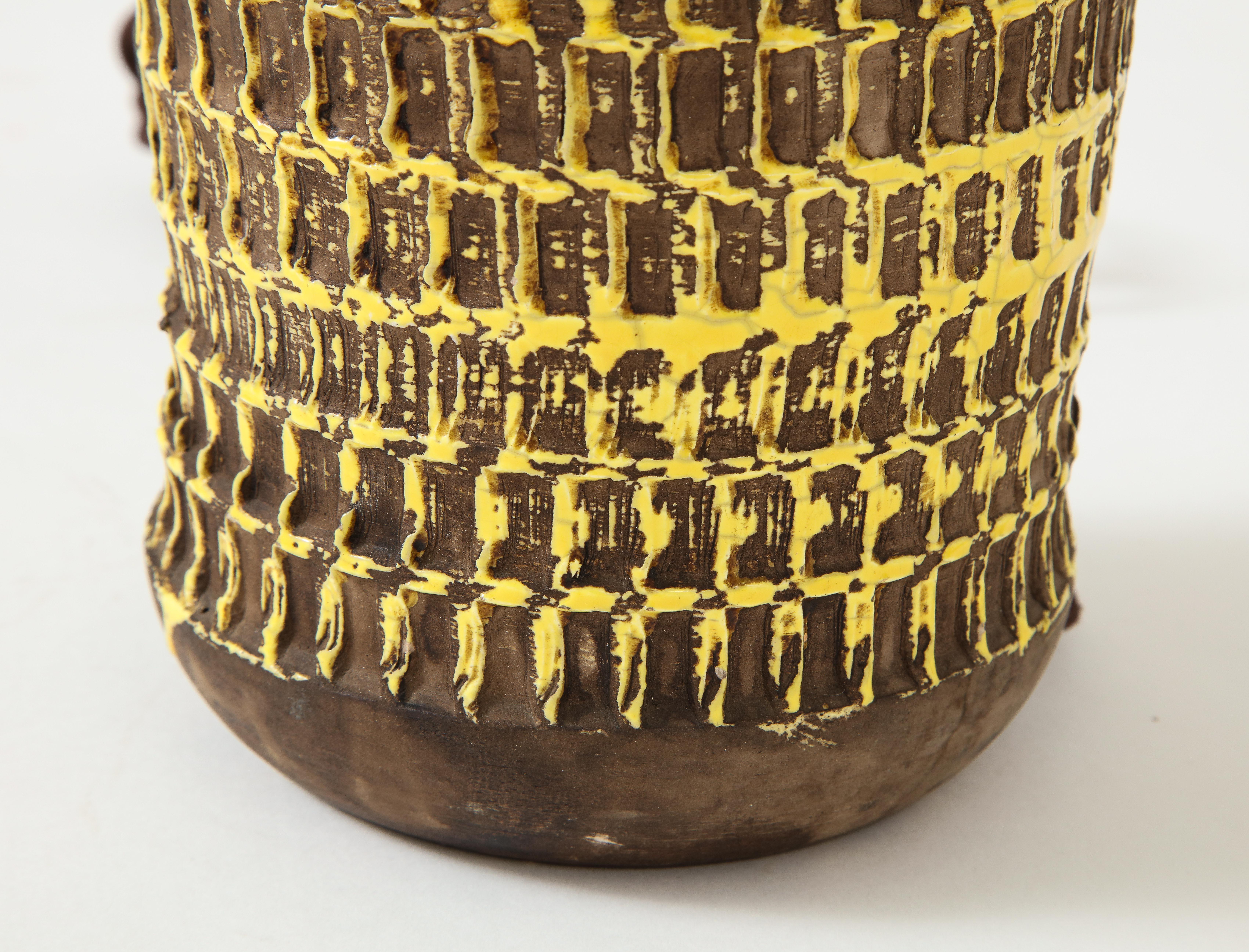 Mid-20th Century Jean Besnard Yellow Glaze Ceramic Lamp with Custom Parchment Shade